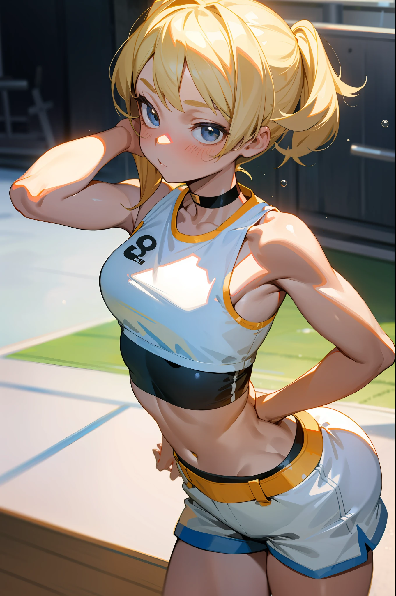 , high detailed, 8k, blonde hair, 1girl, bubble butt, crop top, gym shorts, choker, petite