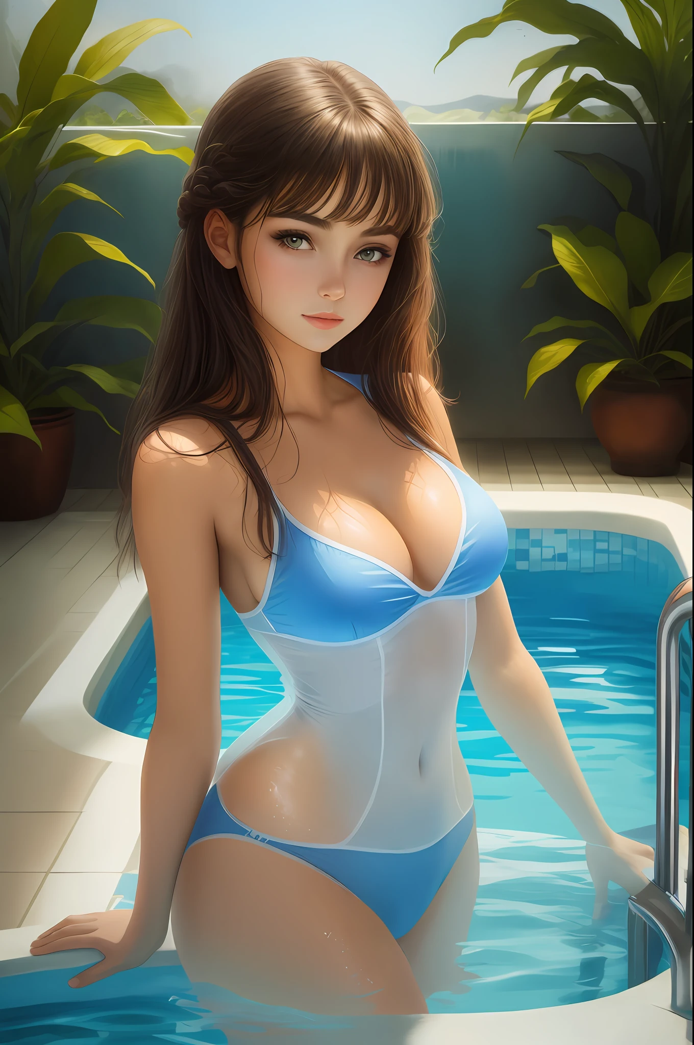 a beautiful girl standing in a pool