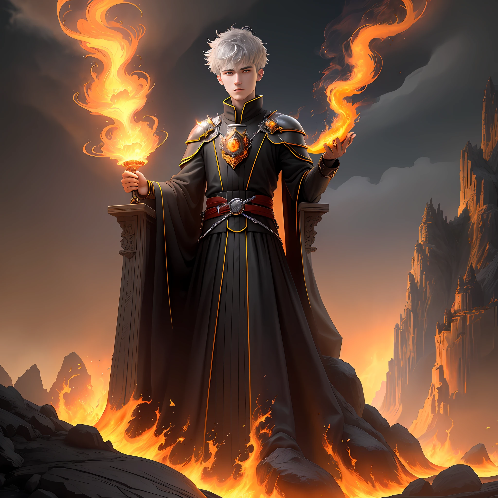 High detail, clarity, 8kk, Throne of fire, young guy, 18 years old, light gray hair, short haircut, yellow eyes, standing near the throne of fire, fiery lava, in the distance the blue sky dissolves in the ashes and smoke of realism, fantasy,