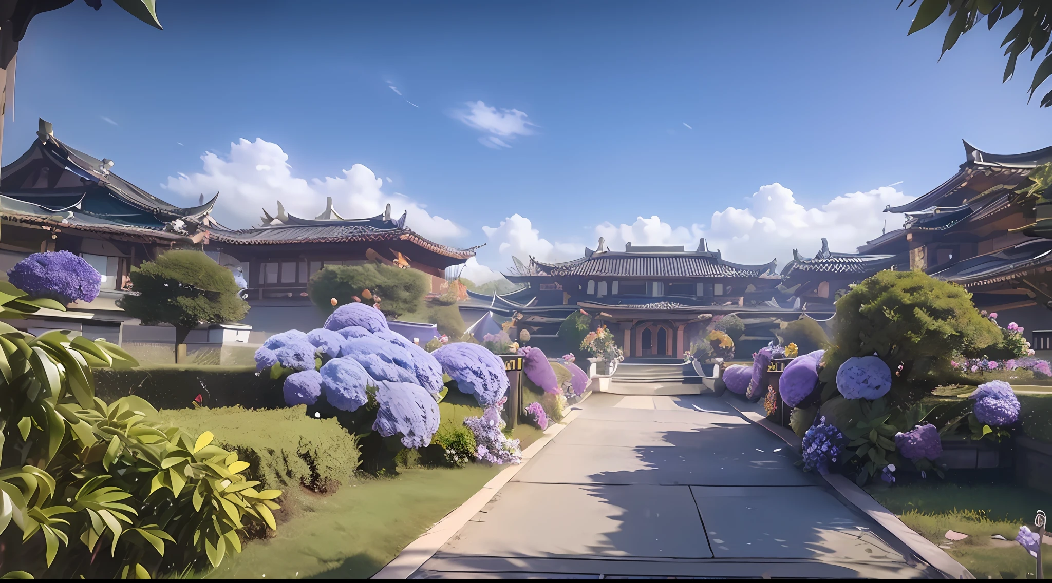 (Ultra High Resolution, Realistic, Best Quality, Realistic), (8K, Original Photo, Best Quality, Masterplece), (Photon Mapping, Radiometry, Physically Based Rendering, Auto White Balance), Real People, Photo, Bridge, Architecture, Jungle, City, Cloud, Sky, Gate, Fence, Field, Orest, Garden, Grass, House, Hydrangea Mountain, Nature, Uninhabited, Outdoor, Path, Plant, Potted Plant, Purple Flower, Road, Landscape, Sky, Skyscraper, traditional_ media, tree,