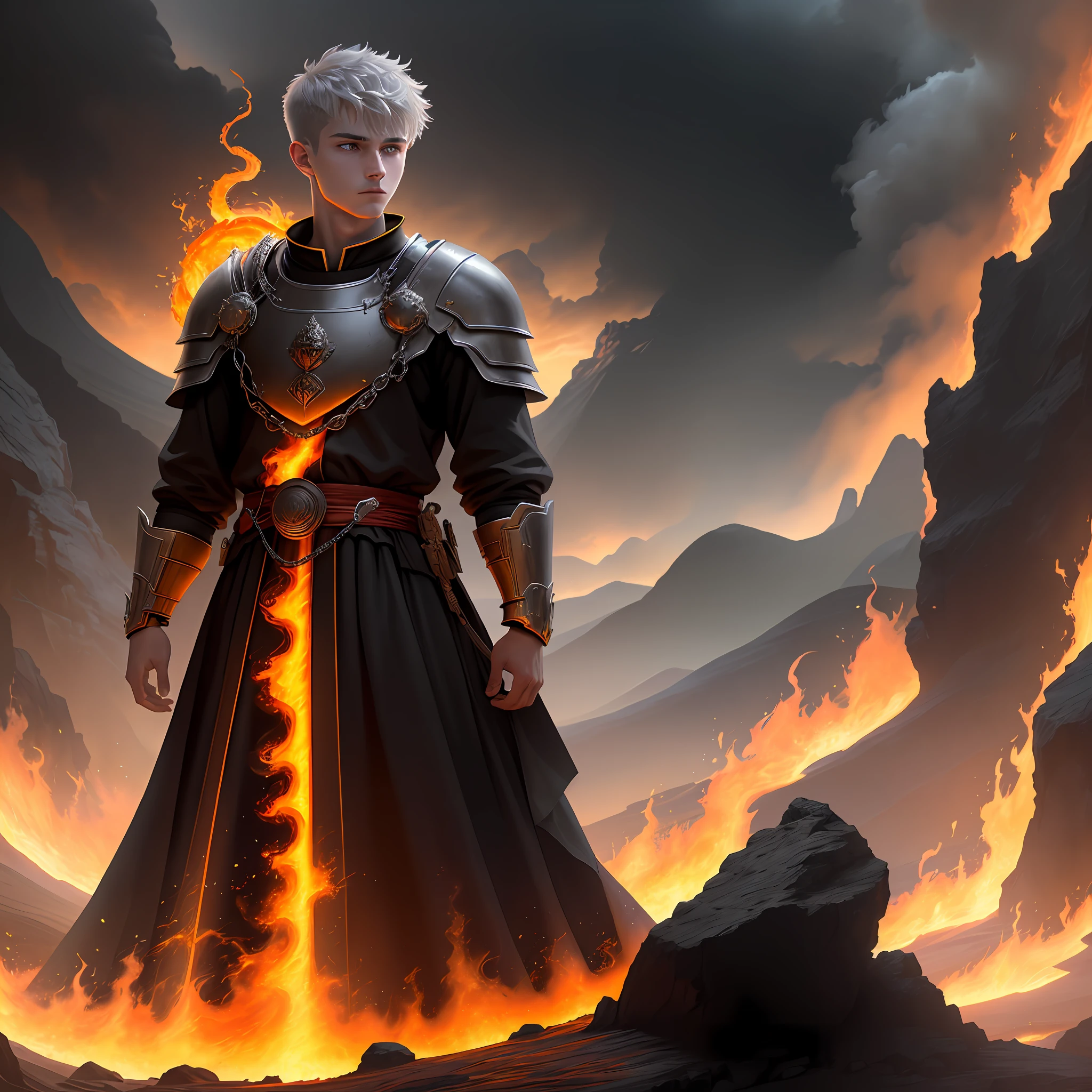 High detail, clarity, 8kk, Throne of fire, young guy, 18 years old, light gray hair, short haircut, yellow eyes, standing near the throne of fire, fiery lava, in the distance the blue sky dissolves in the ashes and smoke of realism, fantasy,