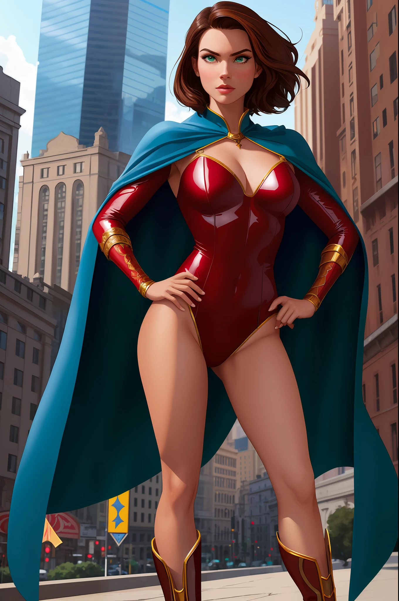 ((best quality)), ((masterpiece)), ((ultra realistic)), (dynamic heroic pose), american, beautiful detailed face, detailed eyes, sexy reporter, dressed in a red leotard, city backdrop, highly detailed, professional, bare legs, full body, hands on hip, standing, brown hair, medium hair, green eyes, matching boots, long sleeves, yellow hawk-shaped crest engraved on chest, short length blue cape, chevron belt,