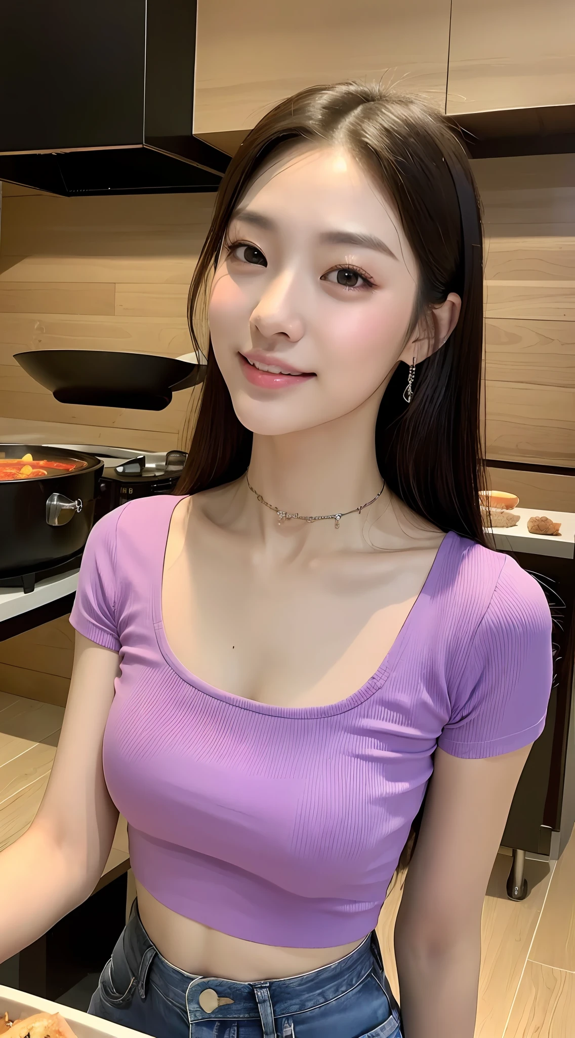 Korean woman, (masterpiece, pretty people, tainted smile), virtual youtube, detailed skin texture, jeans, purple t-shirt, detailed cloth texture, beautifully detailed face, masterpiece, collarbone, slim waist, slim body. (lamb kebab), eat lamb kebab, (skewer hot pot), (Chongqing hot pot), (spicy hot). Singing, K song, KTV