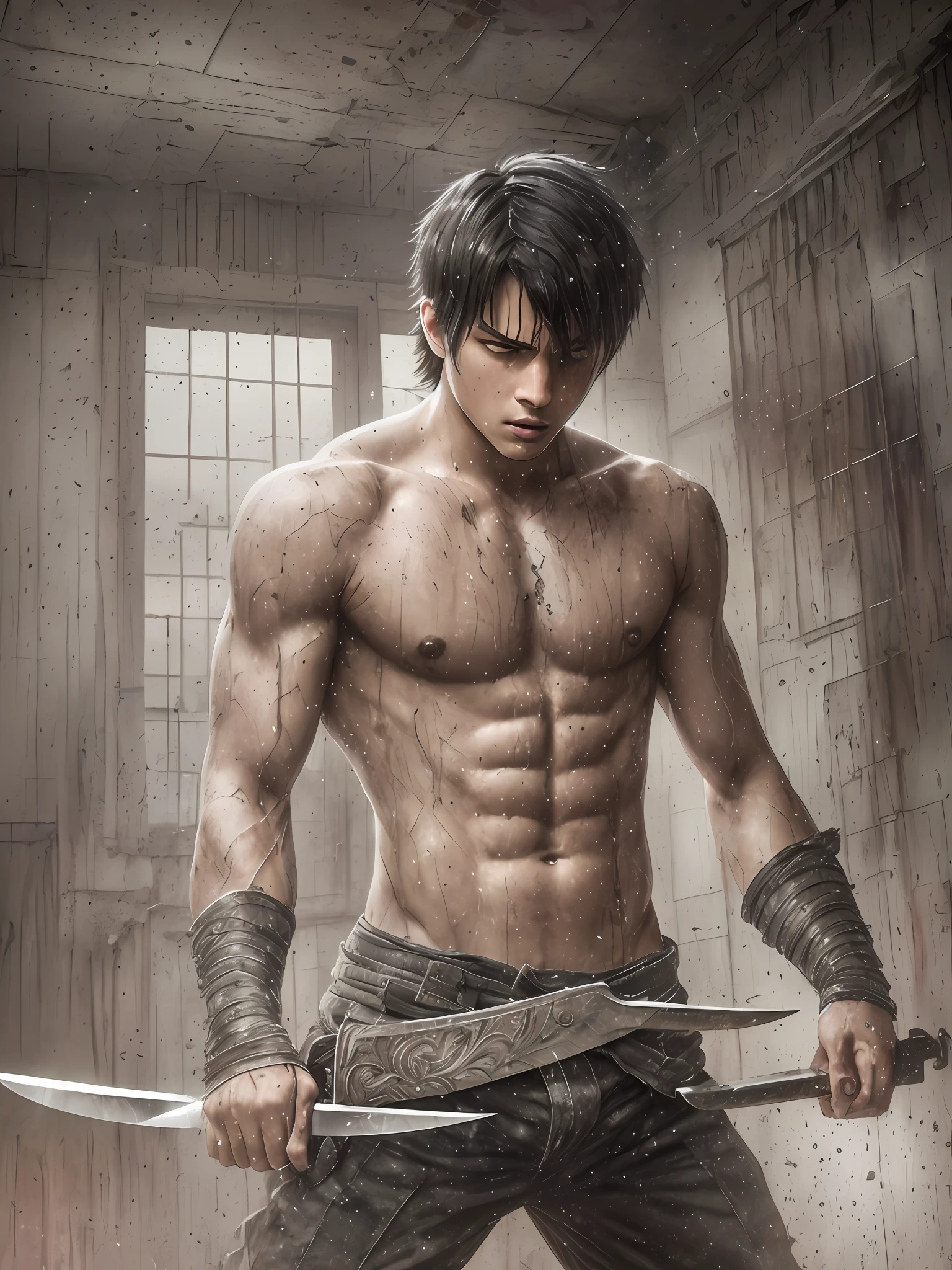 black haired male ager, training knife fighting, angry, realistic epic, photo, faded, complex things around, room background all white, no window, soaked, neutral colors, (((((hdr)))), ((((soft colors)))), intricate scene, artistic station, intricate details, vignette,