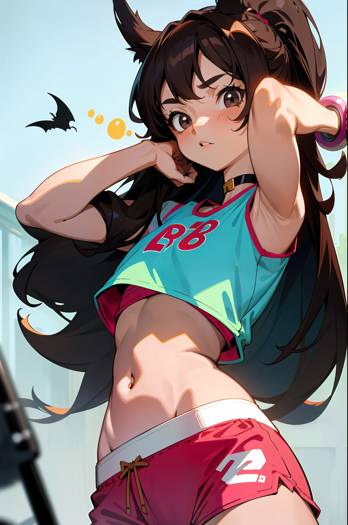 Lori, High Detail, 8K, Brown Hair, One Girl, Bubble Bat, Crop Top, Gym Shorts, Choker, Petite