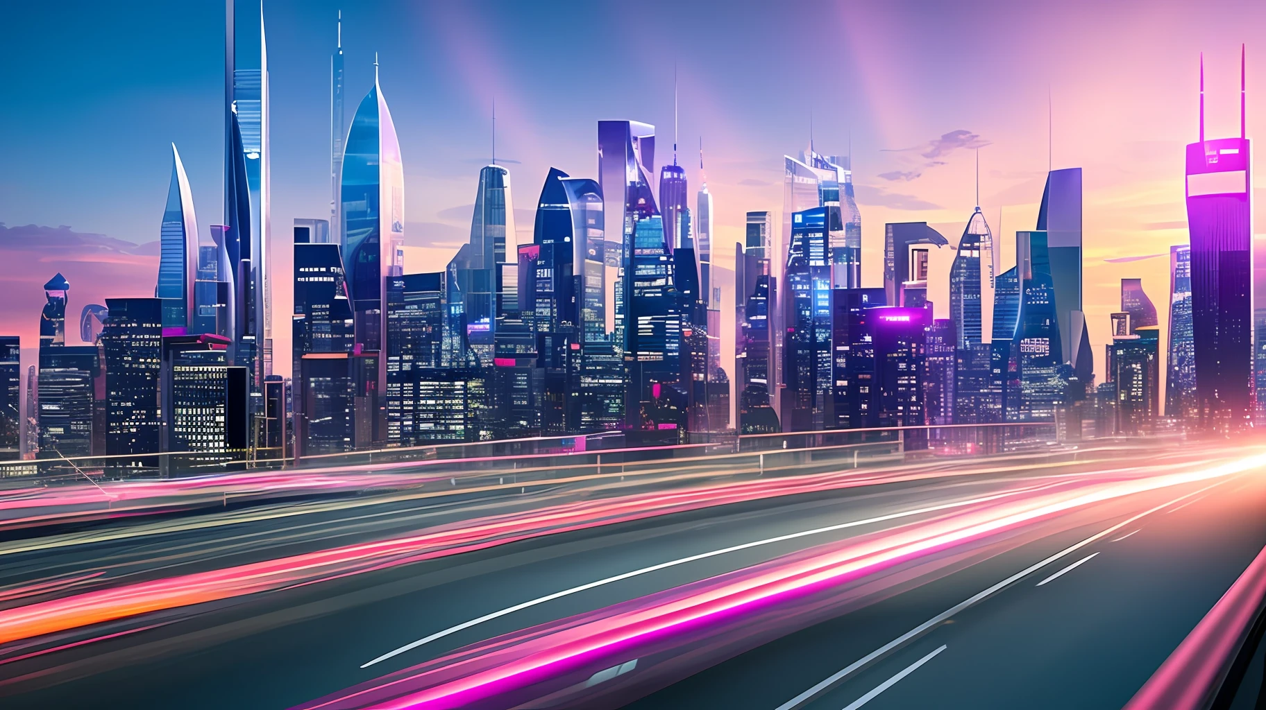 Style: Concept art. The scene: Futuristic cityscapes with towering skyscrapers and sleek aerodynamic vehicles speeding through the air. High-resolution OLED GUI interfaces in the building's windows are filled with transparent data visualization infographics showing everything from weather patterns to traffic flow. Colors are saturated and vibrant, with warm pinks and purples dominating the skyline. The overall effect is both beautiful and awe-inspiring.