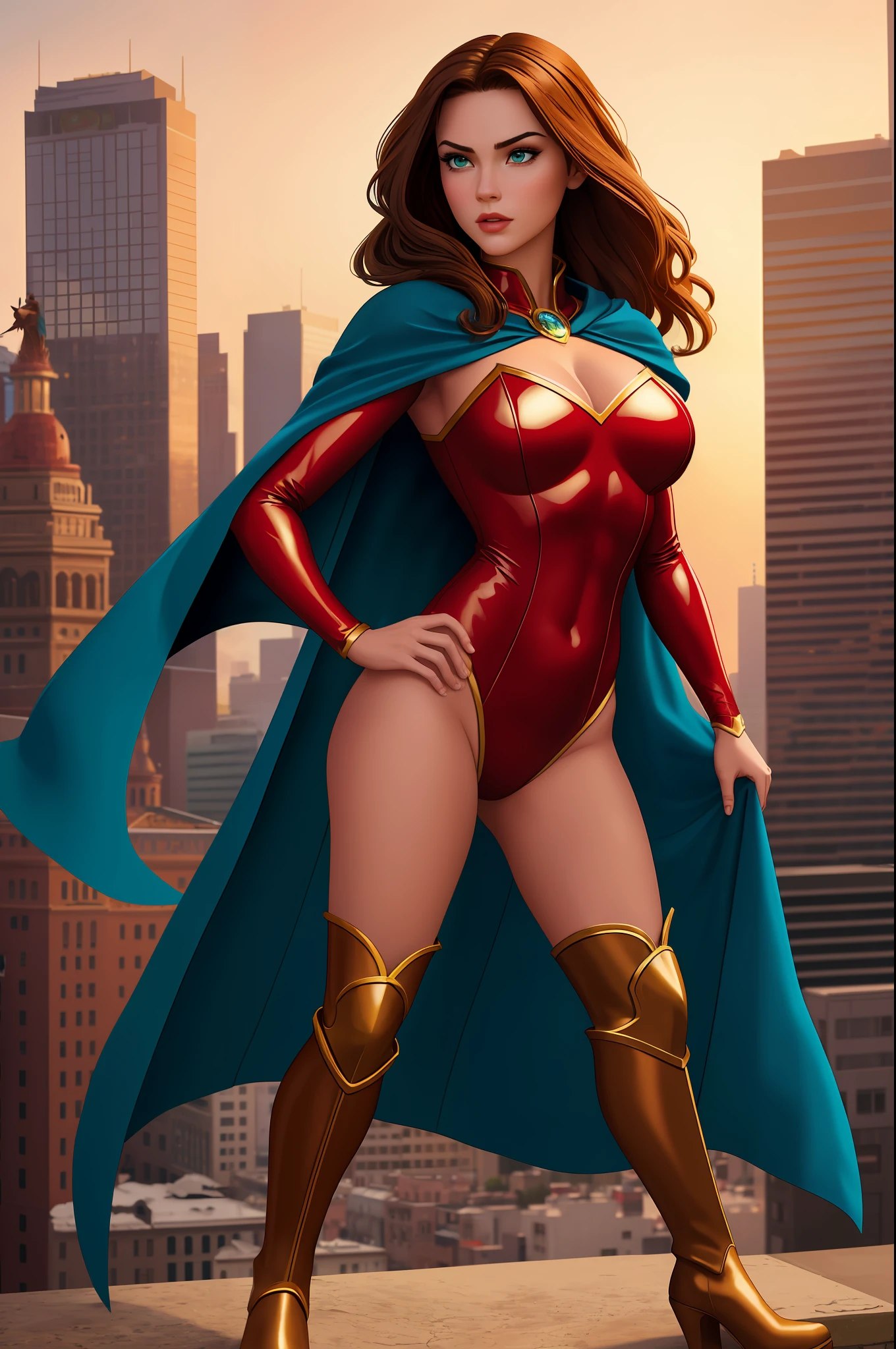 ((best quality)), ((masterpiece)), ((ultra realistic)), (dynamic heroic pose), american, beautiful detailed face, detailed eyes, sexy reporter, dressed in a red leotard, city backdrop, highly detailed, professional, bare legs, full body, hands on hip, standing, brown hair, medium hair, green eyes, matching boots, long sleeves, yellow hawk-shaped crest engraved on chest, blue cape,