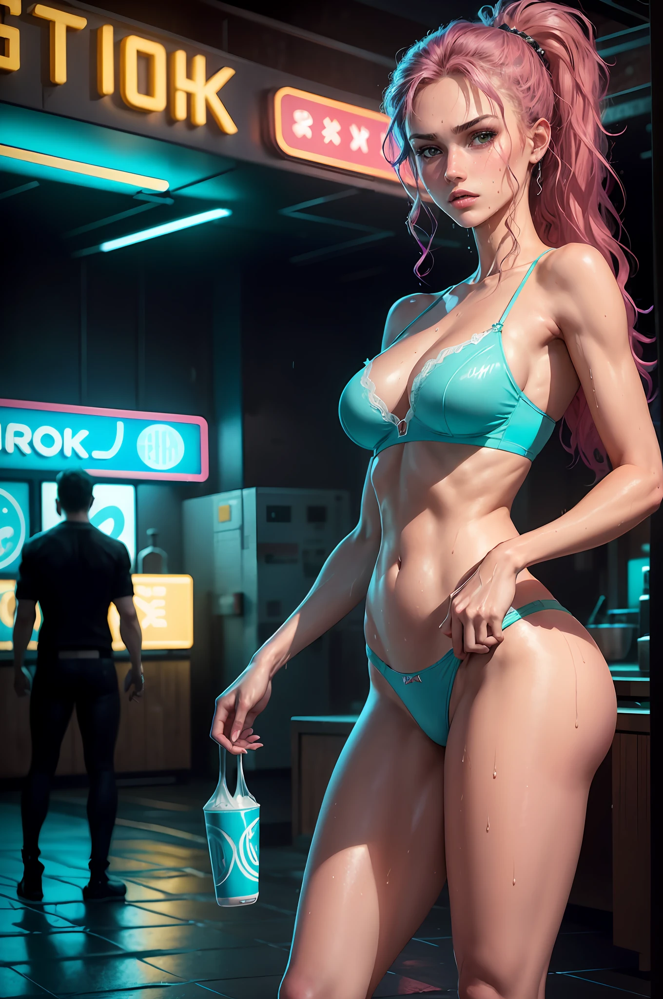 Highly detailed 4k realistic photo ((whole body, including legs)) of the beautiful 18-year-old turquoise-haired Anglo-Saxon girl with sweaty turquoise hair with ((pointed jaw)) and perky breasts, in wet underwear with a wet and transparent bra with a deep neckline, evening, beautifully drawn hands, (cyberpunk: 1.2), neon lights, ramen shot, neon signs