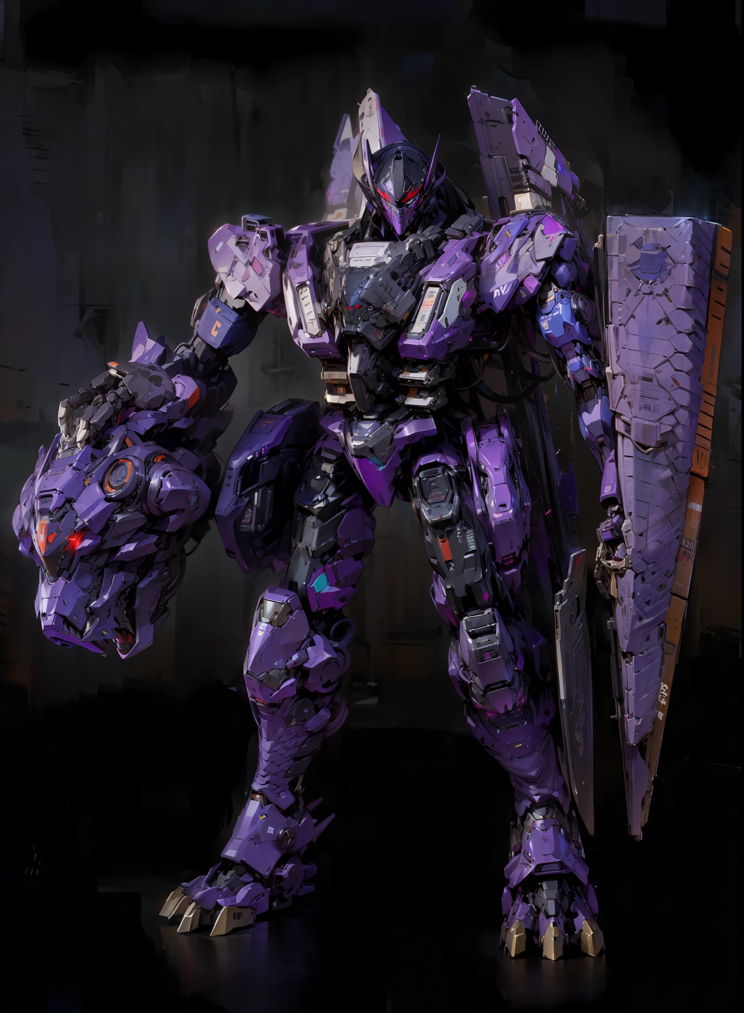 Robot, epic robot, red eyes, nose and mouth, purple face, black hood, purple livery, right hand is mecha dinosaur head, mechanical, complex, real, humanoid mecha, Roland Ziervinskis 3d rendering art, Polycount competition winner, humanoid mech, 3d rendering stylization, beautiful robot character design, mecha portrait, mecha, transformer style, realism,