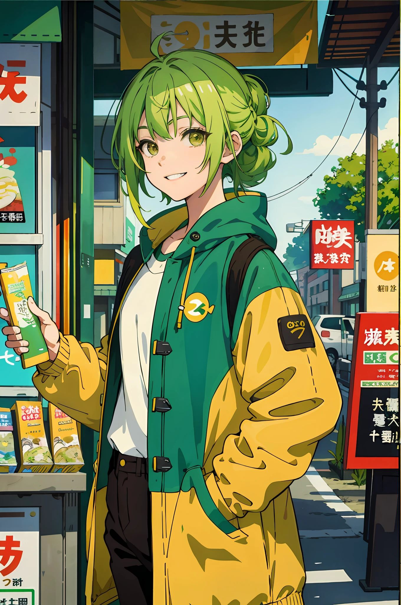 Green hair, Asperm hairstyle, brown eyes, wearing a yellow casual coat, standing in front of a convenience store with a sunny, vibrant anime female character smiling. The painting draws on Shin hanga and pixiv creatives and draws inspiration from anime boy moe art. The light is bright and intense, the contrast between light and dark is strong, and the picture has the visual effect of Tyndall light.