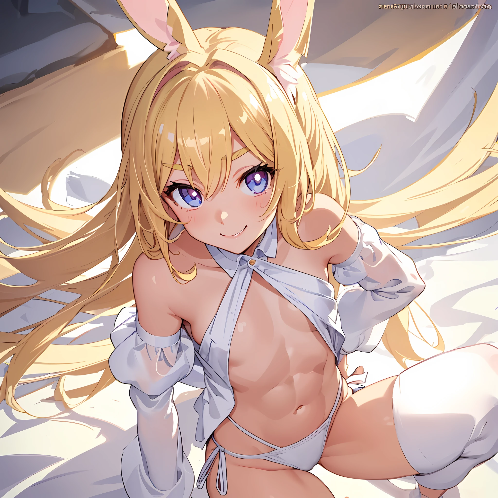 Rabbit ears, small, background is beach, six-pack, abs, no breast bulge, complex and fractal bikini, thick eyebrows, beautiful eyes, evil smile, beautiful blonde, ((masterpiece)), ((best quality)), (super detailed), cute girl, one girl, solo, beautiful girl with full body anime, (((beautiful eyes)), anime girl, happy and cute face, beautiful detailed eyes clean and detailed face, 5 fingers, textile shading, perfect anatomy,