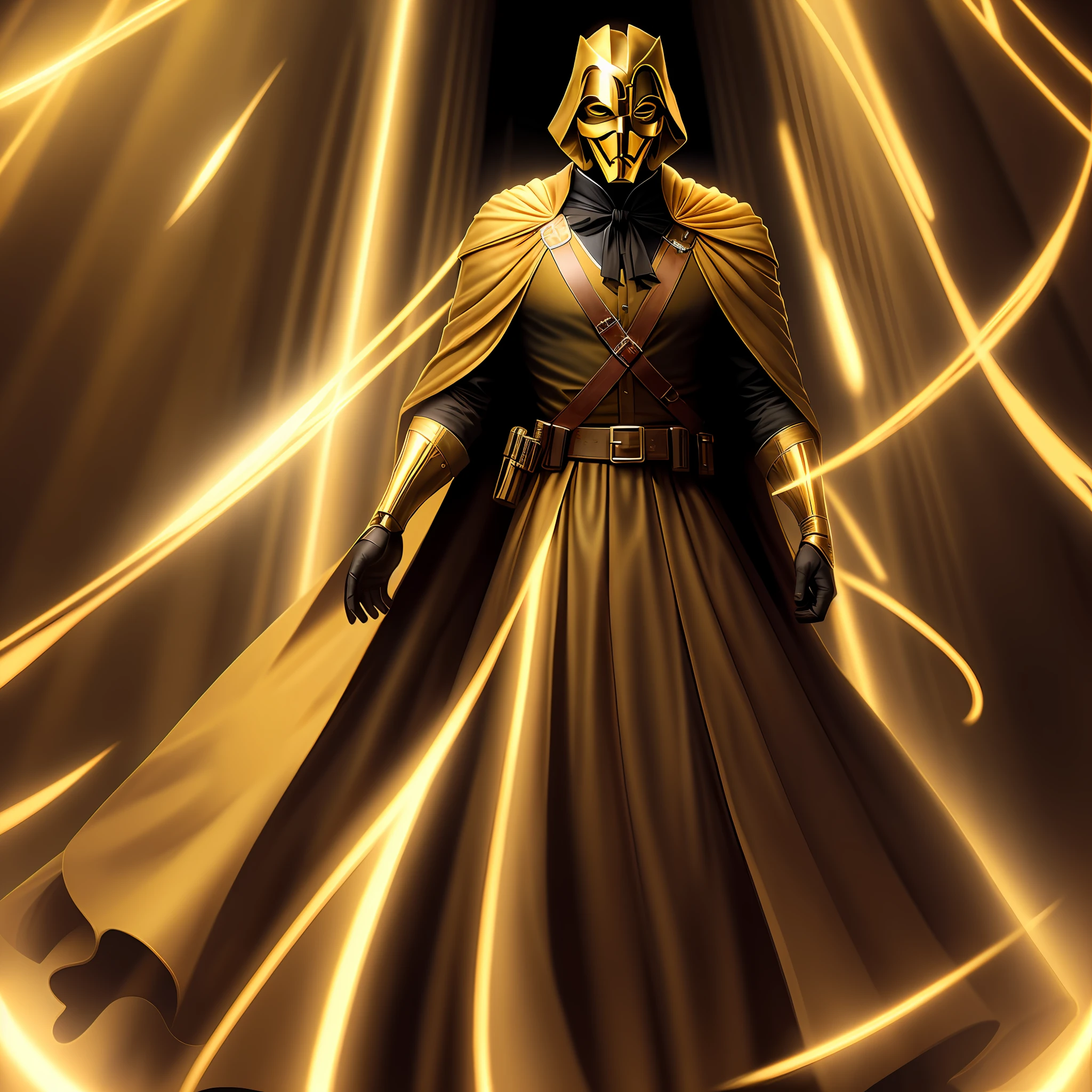 A man who looks like a V-shaped vendetta, wearing a golden mask and wearing a golden dress