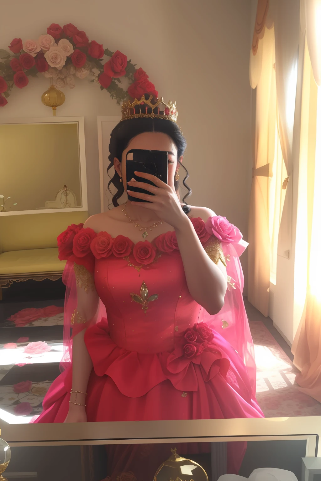 A woman taking a picture of herself in a mirror, wearing cristal crown on head ,full dress, full covered dress, 1 8 yo, gown, pose 1 of 1 6, wearing long gown, wearing a pink ballroom gown, very very low quality picture, chinese dress, wearing red dress, wearing dress, fantasy dress, 20yo, 2 0 yo, wearing a wonderful dress, Queen,crown, roses everywhere in background