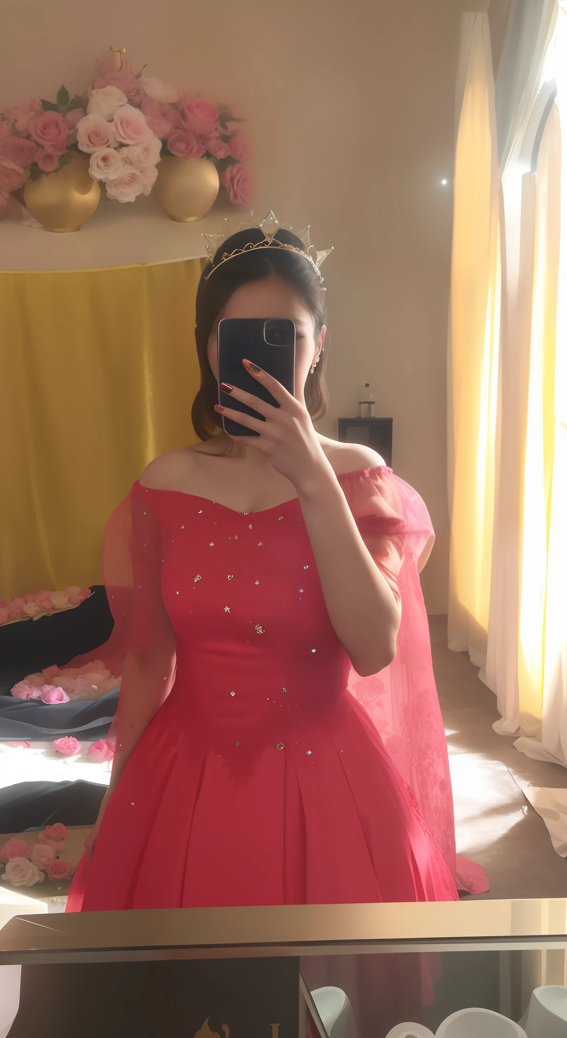 A woman taking a picture of herself in a mirror, wearing cristal crown on head ,full dress, full covered dress, 1 8 yo, gown, pose 1 of 1 6, wearing long gown, wearing a pink ballroom gown, very very low quality picture, chinese dress, wearing red dress, wearing dress, fantasy dress, 20yo, 2 0 yo, wearing a wonderful dress, Queen,crown, roses everywhere in background