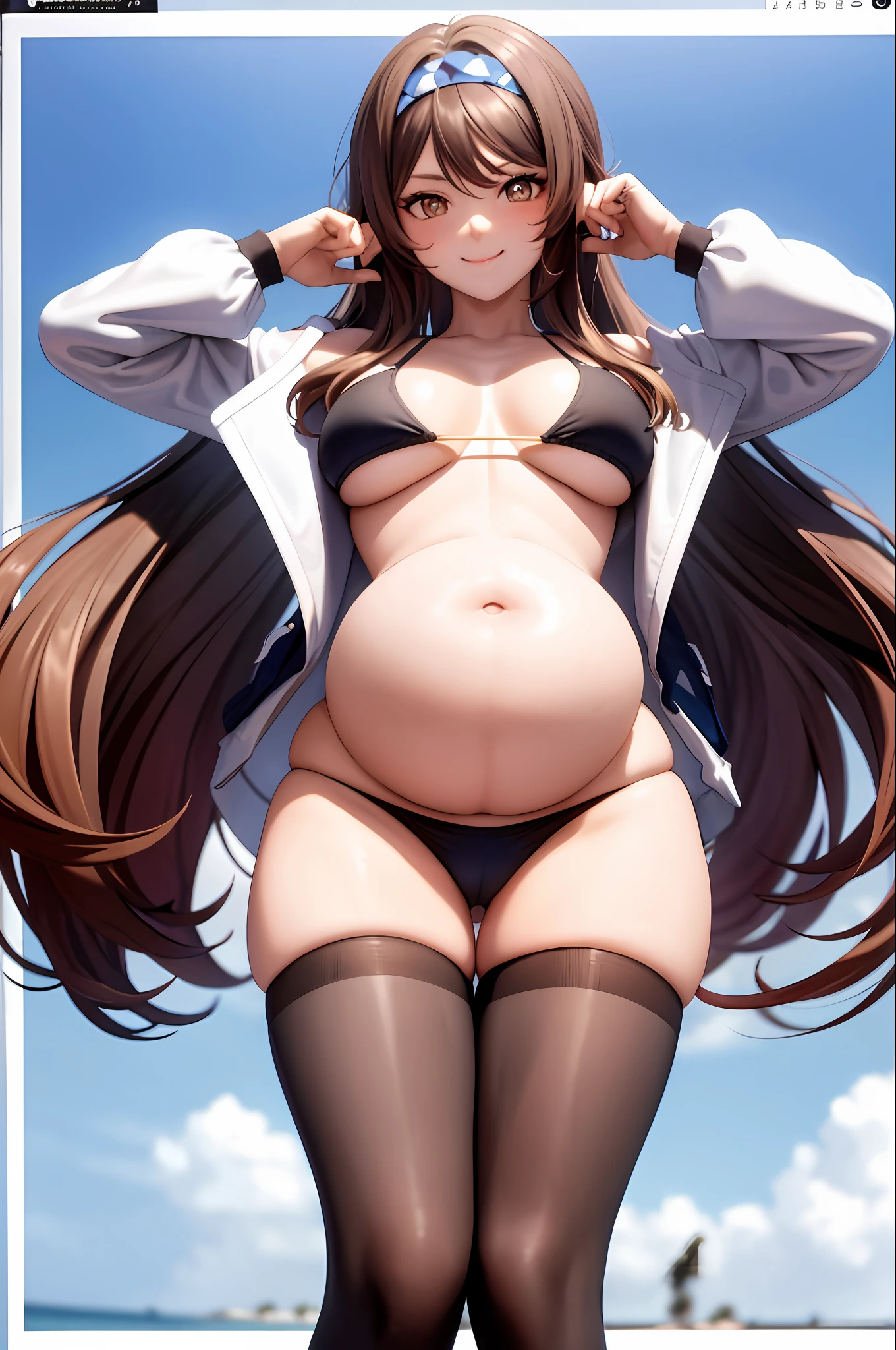 Masterpiece, best quality, 1 girl, smile, turn around, show buttocks, bare belly , full body, beach, transparent bikini (kbxll:0.6), abs, muscles, vest line, fitness, transparent panties, buttocks facing forward, pouting hips, laying eggs, pregnant women, big breasts, big tits, big belly, pregnancy,