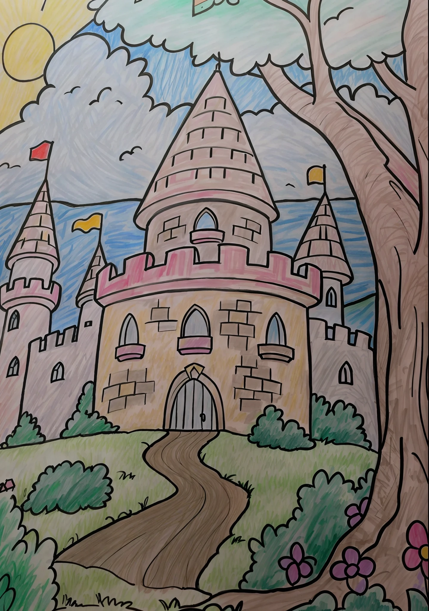 a close-up of a drawing of a castle with a path, coloring book page, coloring, fantasy coloring, magic castle on a hill, colored drawing, a medieval castle, fantasy castle, castle in the background, full color drawing, color drawing, ( castle in the background ), magic castle, precisely colored, random detail, Added detail, richly detailed color