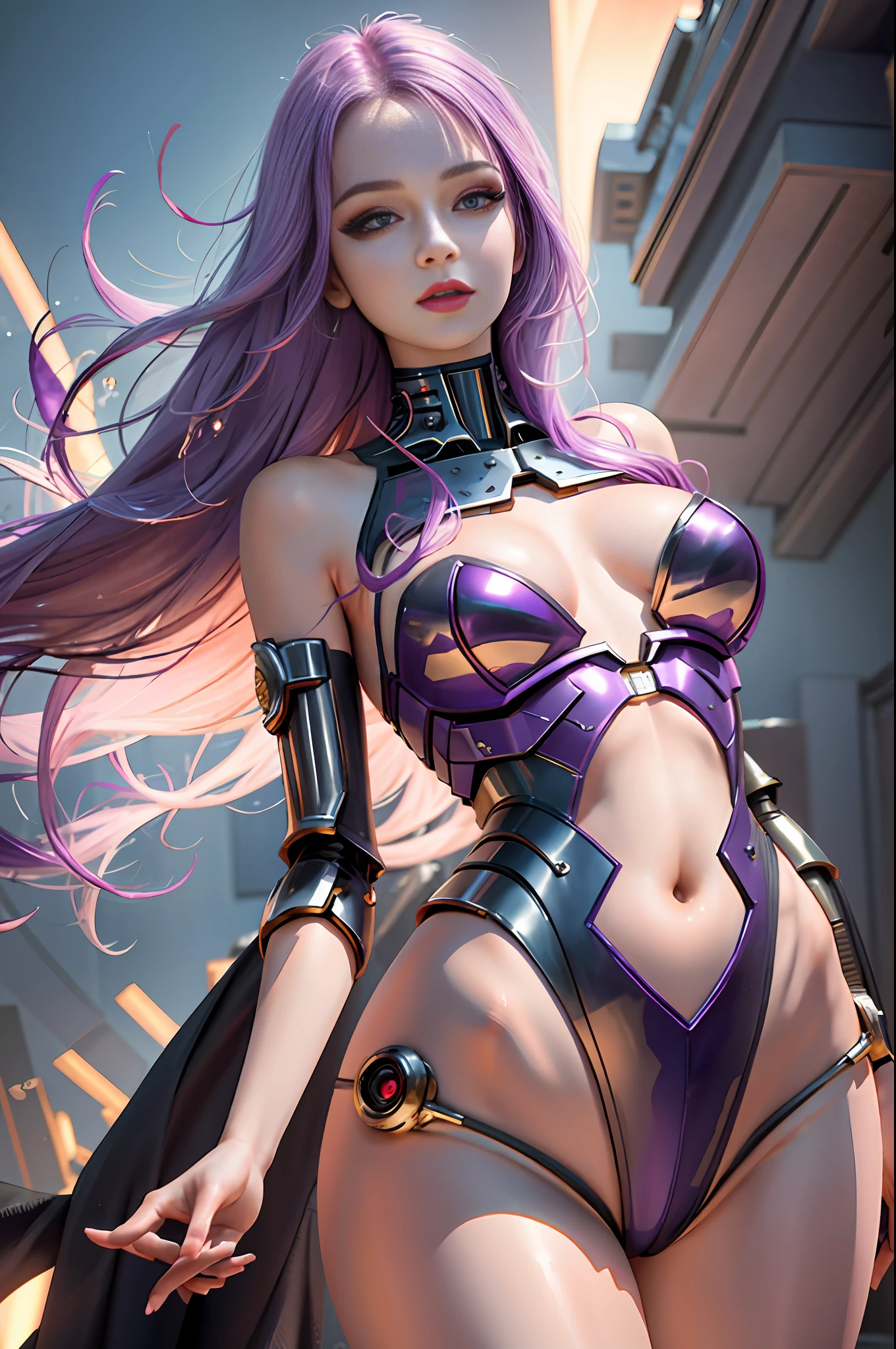 Purple haired woman with long hair and a purple mask, knight portraits of zodiac girl, beautiful cyborg priestess, zodiac girl knights, dark purple hair and cybernetics, cyborg goddess in cosmos, lolth, portrait of a cyborg queen, masterpiece goddess of sadness, mystical techno goddess, highly detailed exquisite fanart, perfect anime cyborg woman, cyberpunk art nouveau! skull style,proportional body,smiling, necromancer,nsfw:1.5, masterpiece, best quality, high quality, high definition, high quality texture, high quality shadow, high detail, beautiful detailed, finely detailed, cg extremely detailed, texture detailed, a realistic representation of the face, realistic, colorful, delicate, cinematic light, side lighting, Lens Flare, Ray tracing, sharp focus, (1girl, __focus__:1.3), (complex details,  makeup, PureErosFace_V1:0.5), (detailed beautiful and delicate face, detailed beautiful and delicate eyes, a perfect face proportion, highly detailed skin, detailed skin, best ratio four fingers and a thumb, arms under the chest, large medium breasts, wide hips, flat belly, slim and thin, __moda__, __cabelo__:1.3), __localização__, ( superior quality, best quality, beautiful and aesthetic: 1.2,  masterpiece), smile, UHD, super detail,(((1 girl))), (cropped abdomen: 1.1), (perfect body: 1.1), (long wavy hair: 1.2), (extremely detailed CG 8k wallpaper), (extremely delicate and beautiful), (masterpiece), (best quality: 1.0), (ultra high resolution: 1.0), beautiful lighting, perfect lighting, realistic shadows, [high resolution], detailed skin, super detailed (((color)))