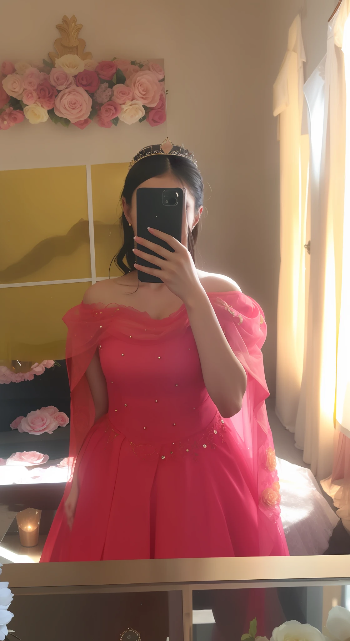 A woman taking a picture of herself in a mirror, wearing cristal crown on head ,full dress, full covered dress, 1 8 yo, gown, pose 1 of 1 6, wearing long gown, wearing a pink ballroom gown, very very low quality picture, chinese dress, wearing red dress, wearing dress, fantasy dress, 20yo, 2 0 yo, wearing a wonderful dress, Queen,crown, roses everywhere in background