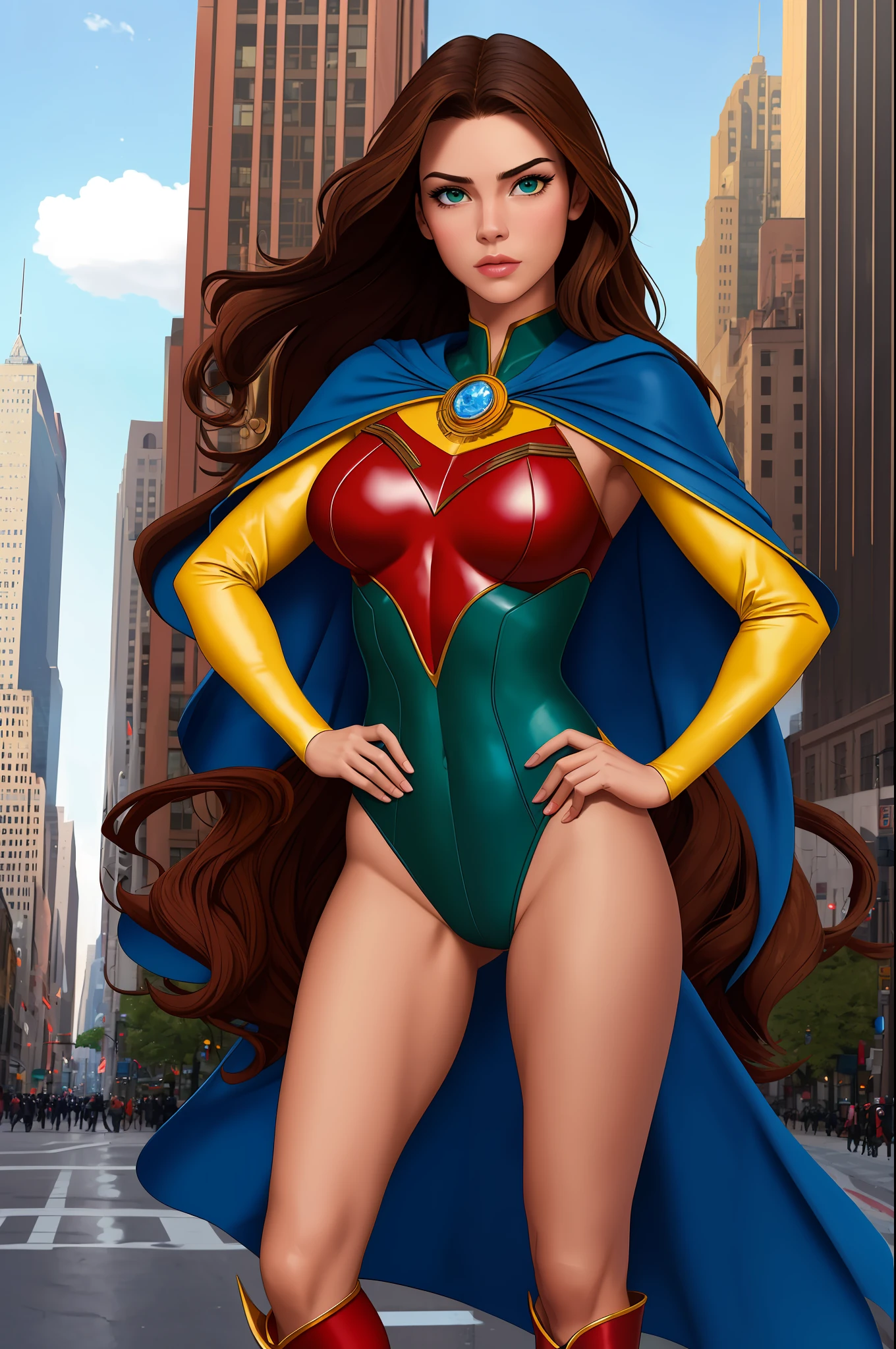 ((best quality)), ((masterpiece)), ((ultra realistic)), (dynamic heroic pose), american, beautiful detailed face, detailed eyes, sexy reporter, dressed in a red leotard, new york city backdrop, highly detailed, professional, bare legs, full body, hands on hip, standing, brown hair, medium hair, green eyes, matching boots, long sleeves, yellow hawk-shaped crest engraved on chest, blue cape,