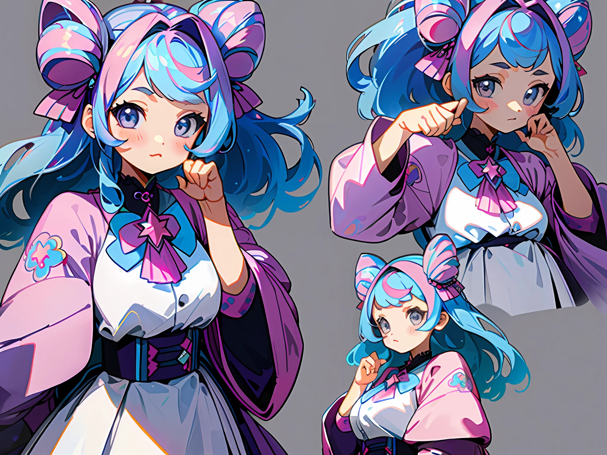 ((masterpiece)),(((best quality))),(character design sheet, same character, front, side, back), illustration, 1 girl, multiple hair color, side bangs, environment change scene, hairstyle fax, Zitai pose, woman, modern harajuku fashion, style, fashionable, kpop, jpop, visual kei, star, kawaii, cute, adorable, stars, sparkles,Charturnbetalora, (single background, grey background: 1.3), --5 different poses