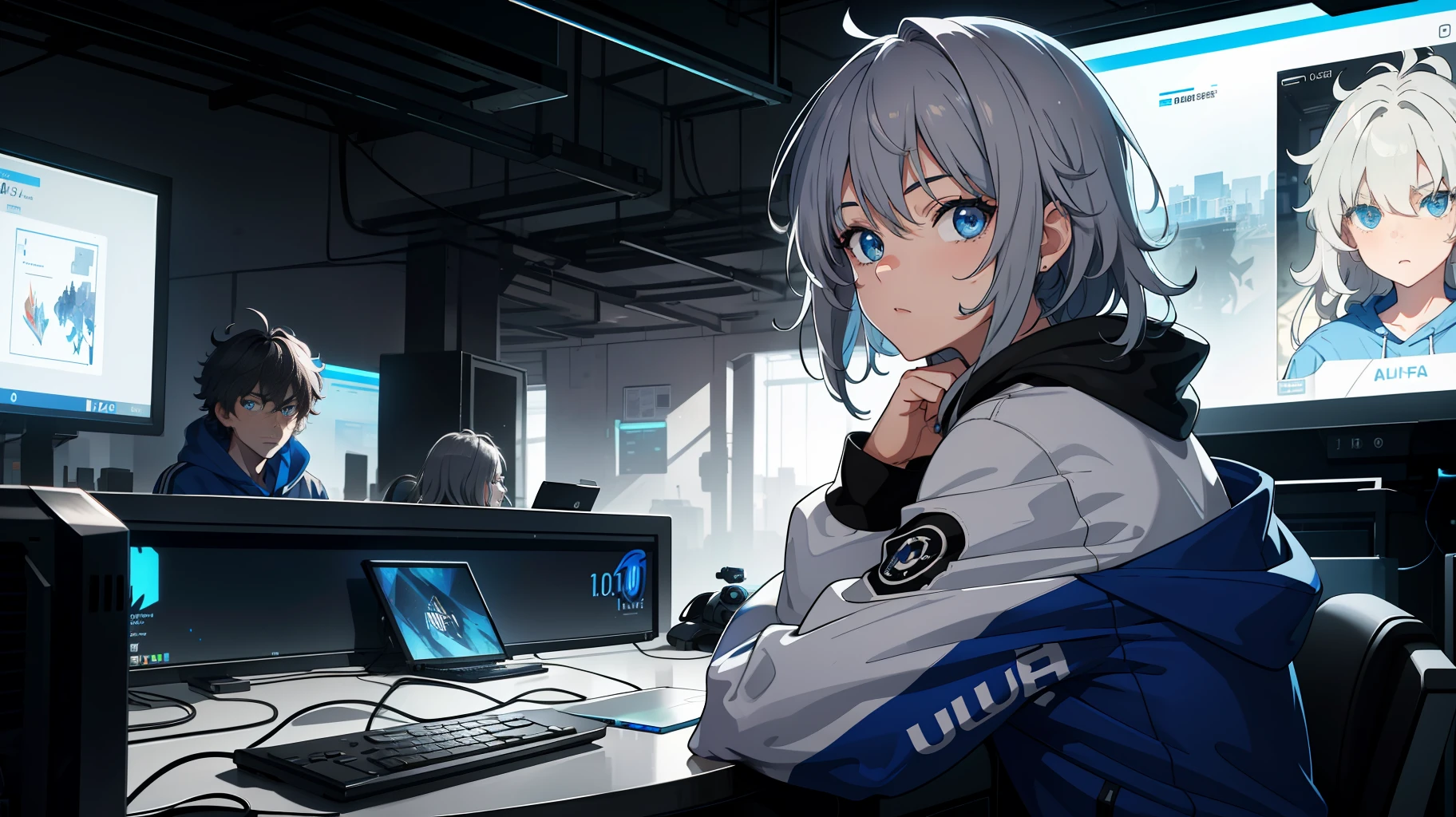 (Best quality: 1.0), (Ultra High Resolution: 1.0), 8K, a man, blue eyes, gray sweatshirt, messy hair, sitting in front of a computer, playing games, background esports room,