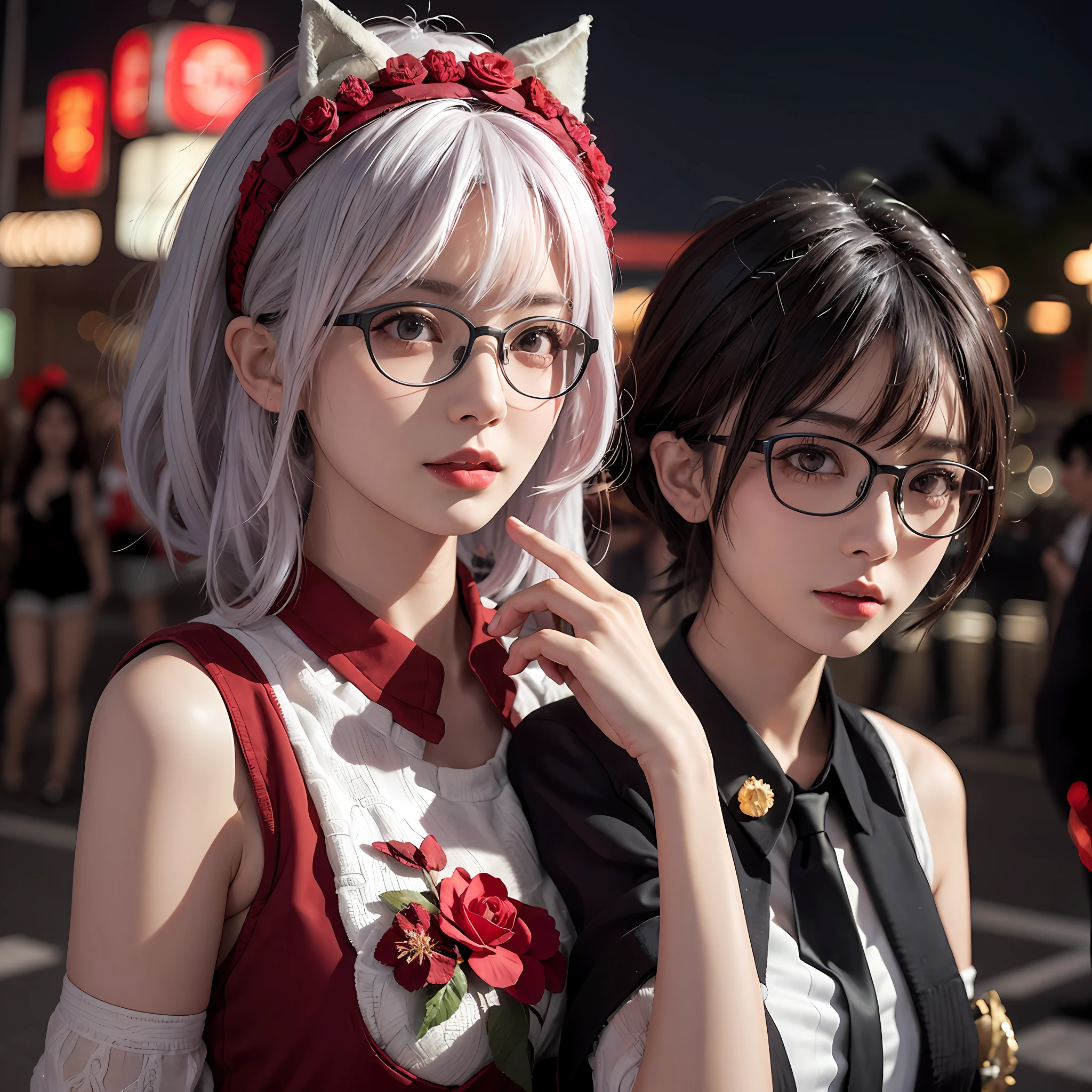 1girl, Tokyo Street, Night, Cityscape, City Lights, Upper Body, Close Up, 8k, RAW Photo, Best Quality, Masterpiece, Realism, Realism, Red Rose Headdress, Split Bangs, Short Hair, Big Waves, White Hair Color, Wearing Glasses