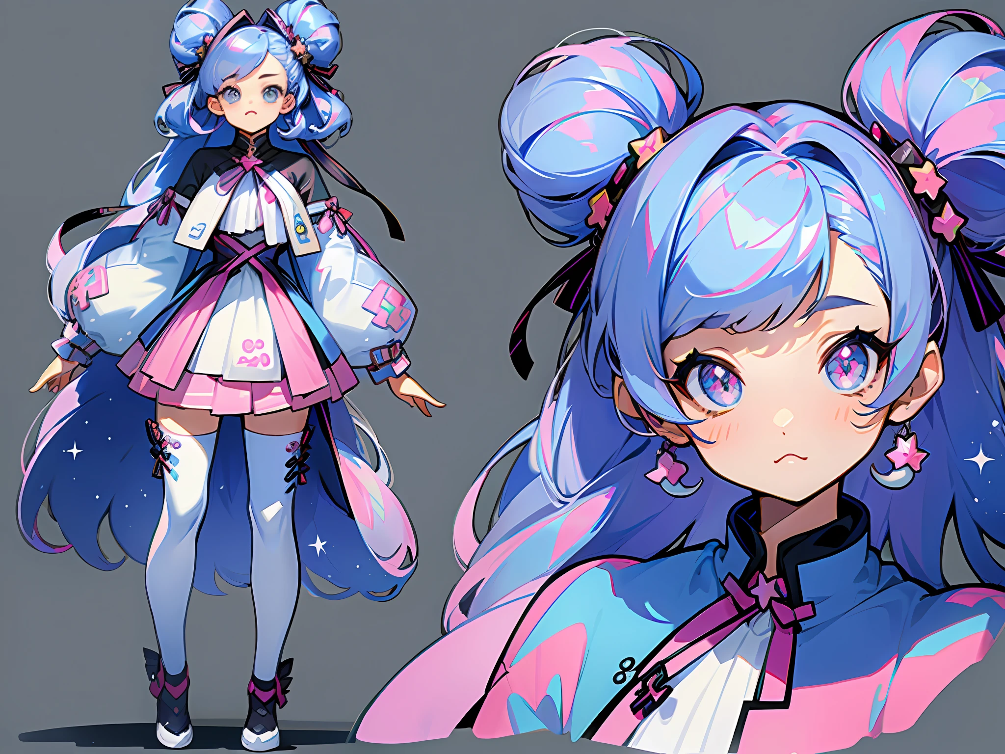 ((masterpiece)),(((best quality))),(character design sheet, same character, front, side, back), illustration, 1 girl, multiple hair color, side bangs, environment change scene, hairstyle fax, Zitai pose, woman, modern harajuku fashion, style, fashionable, kpop, jpop, visual kei, star, kawaii, cute, adorable, stars, sparkles,Charturnbetalora, (single background, grey background: 1.3), --5 different poses