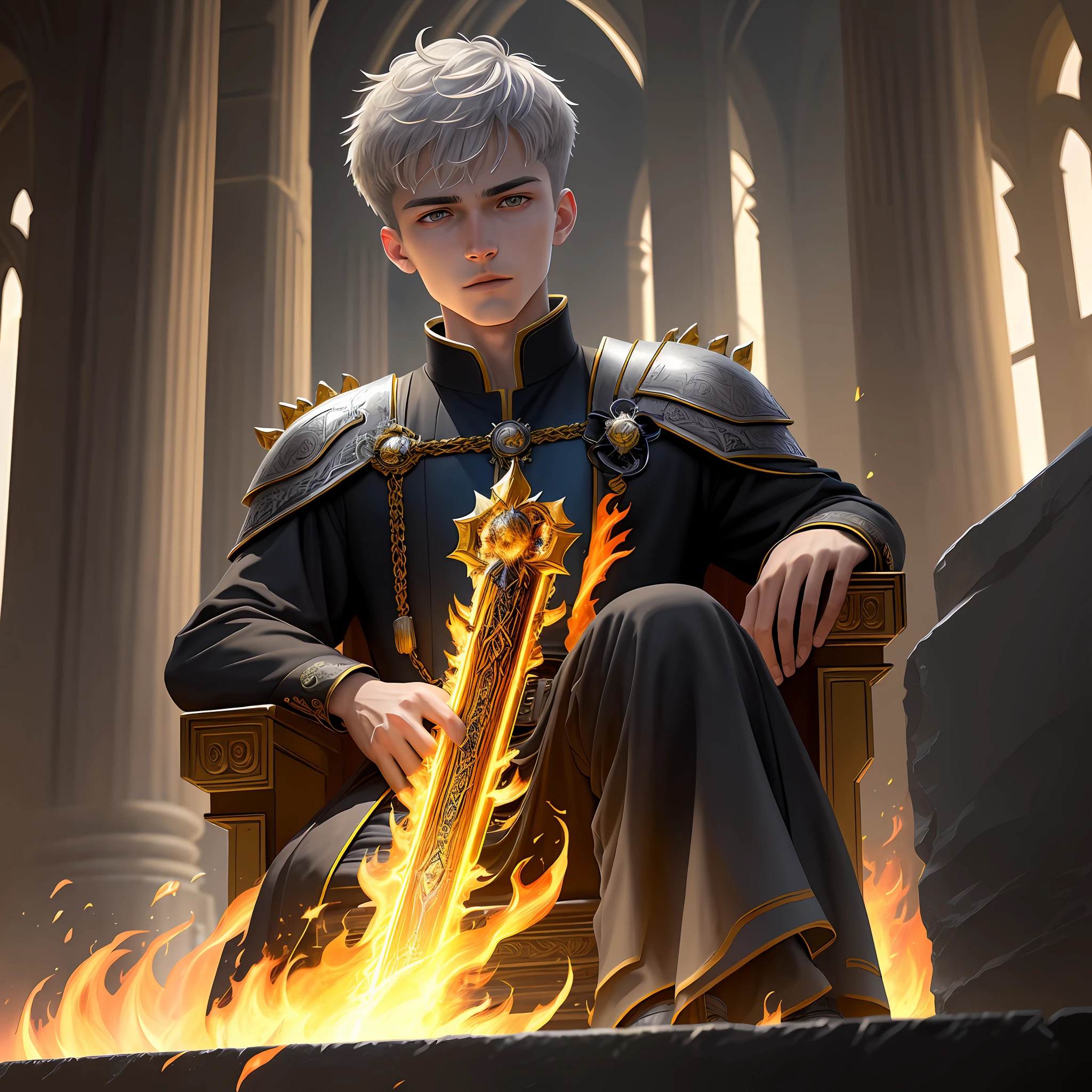 High detail, clarity, 8kk, Throne of Fire, young guy, 18 years old, light gray hair, short haircut, yellow eyes, with blue sky behind, fiery steps to the sky to the throne in front, realism, fantasy,