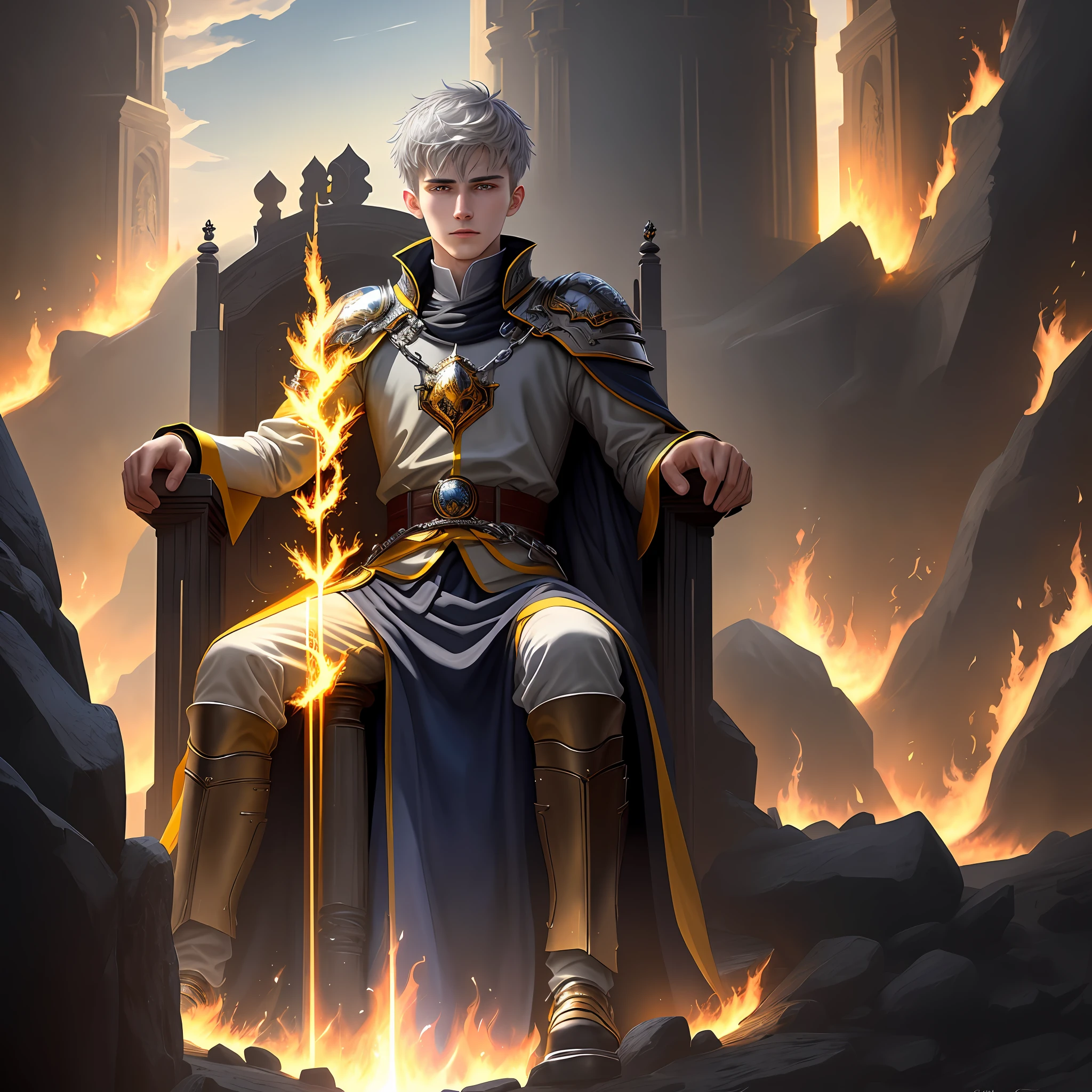 High detail, clarity, 8kk, Throne of Fire, young guy, 18 years old, light gray hair, short haircut, yellow eyes, with blue sky behind, fiery steps to the sky to the throne in front, realism, fantasy,