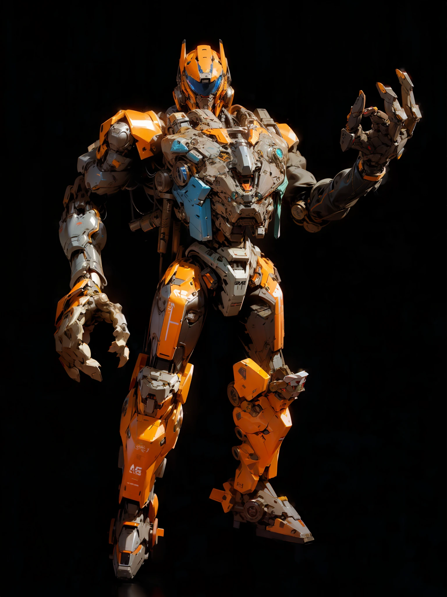 Robot, Epic Robot, Brown Livery, Blue Face, Red Eye, Robotic Dinosaur Head on Chest, Mechanically Strong, Complex, Real, Humanoid Mecha, Roland Zilvenskis 3d Render Art, Polycount Contest Winner, Humanoid Mecha, 3D Render Stylized, Beautiful Robot Character Design, Mecha Portrait, Mecha, Transformer Style, Realism, Correct Hands