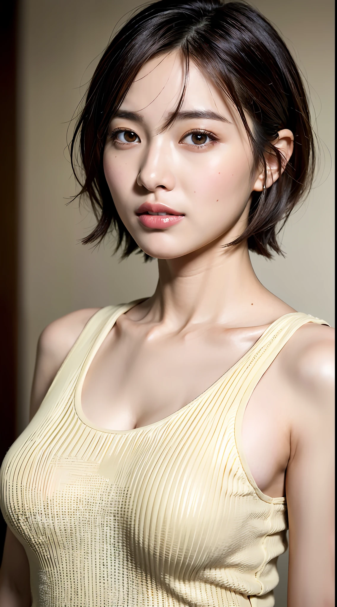 (Best quality, 8k, 32k, Masterpiece, UHD:1.2),Photo of Pretty Japanese woman, (veryshort hair),ultra detailed brown eyes,ultra detailed human face,ultradetailed teeth,