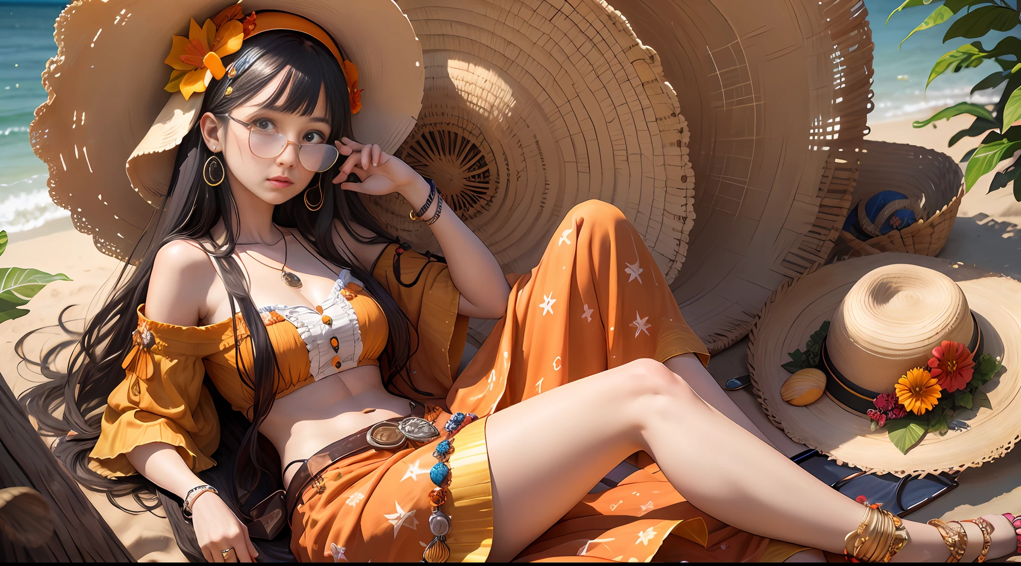 （absurdres, highres, ultra detailed, 1girl, solo, extremely detailed eyes, starfish, seashell, shell, flower, hat, hair ornament, jewelry, straw hat, looking at viewer, sunglasses, hat flower, drinking straw, hairclip, earrings, red flower, tinted eyewear, yellow flower, bangs, english text, multicolored hair, orange flower, black hair, ring, cup, long hair, orange-tinted eyewear, food, brown hair, portrait, shell hair ornament），full body.