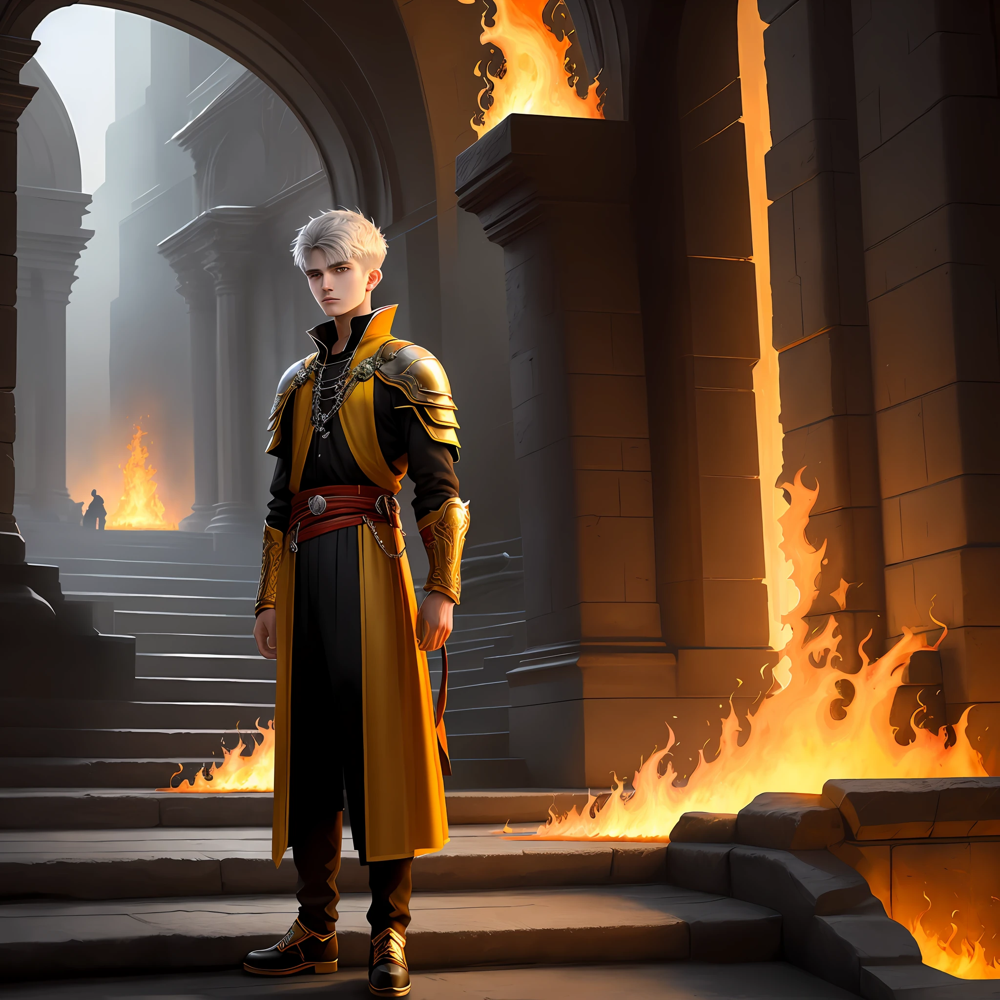 High detail, clarity, 8kk, Throne of Fire, young guy, 18 years old, light gray hair, short haircut, yellow eyes, standing near the fiery steps to the palace, fiery lava, realism, fantasy,
