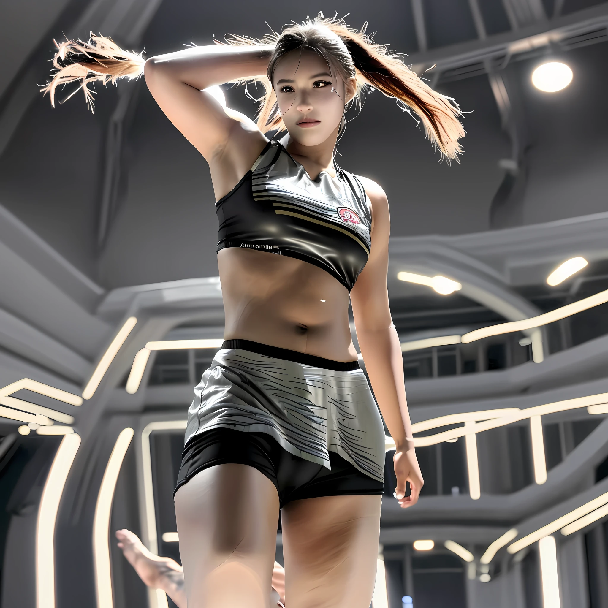 a female professional wrestler fighting in a wrestling ring. The wrestler should be in a dynamic pose, demonstrating her strength and athleticism. The background should include the wrestling ring with ropes and turnbuckles, and a cheering crowd. , , and legs), 15year old girl. (bob hair), bangs, shoes, (leg muscles:1.2), (butt muscles:1.2). (panties:1.3), socks, slippers,tan skin, full body, armpit job, armpit, huge breasts, (massive oversized huge heavy natural DDD tits : 0.9), (sharp focus:1.9), ( wet hair : 1.3), Slim waist, office room, (pubic hair: 1.3), extremely detailed eyes and face, beautiful detailed nose, beautiful detailed eyes, long eyelashes, light on face, looking at viewer, (bob hair : 1.8),(gleaming skin:1.83), squat, (RAW photo, best quality), (realistic, photo-realistic:1.3), masterpiece, an extremely delicate and beautiful, extremely detailed, CG, unity , 2k wallpaper, Amazing, finely detail, light smile, extremely detailed CG unity 8k wallpaper, huge filesize, ultra-detailed, highres, absurdres, soft light, detailed, legs, beautiful legs, detailed fingers, extremely detailed eyes and face, beautiful detailed nose, beautiful detailed eyes, long eyelashes,