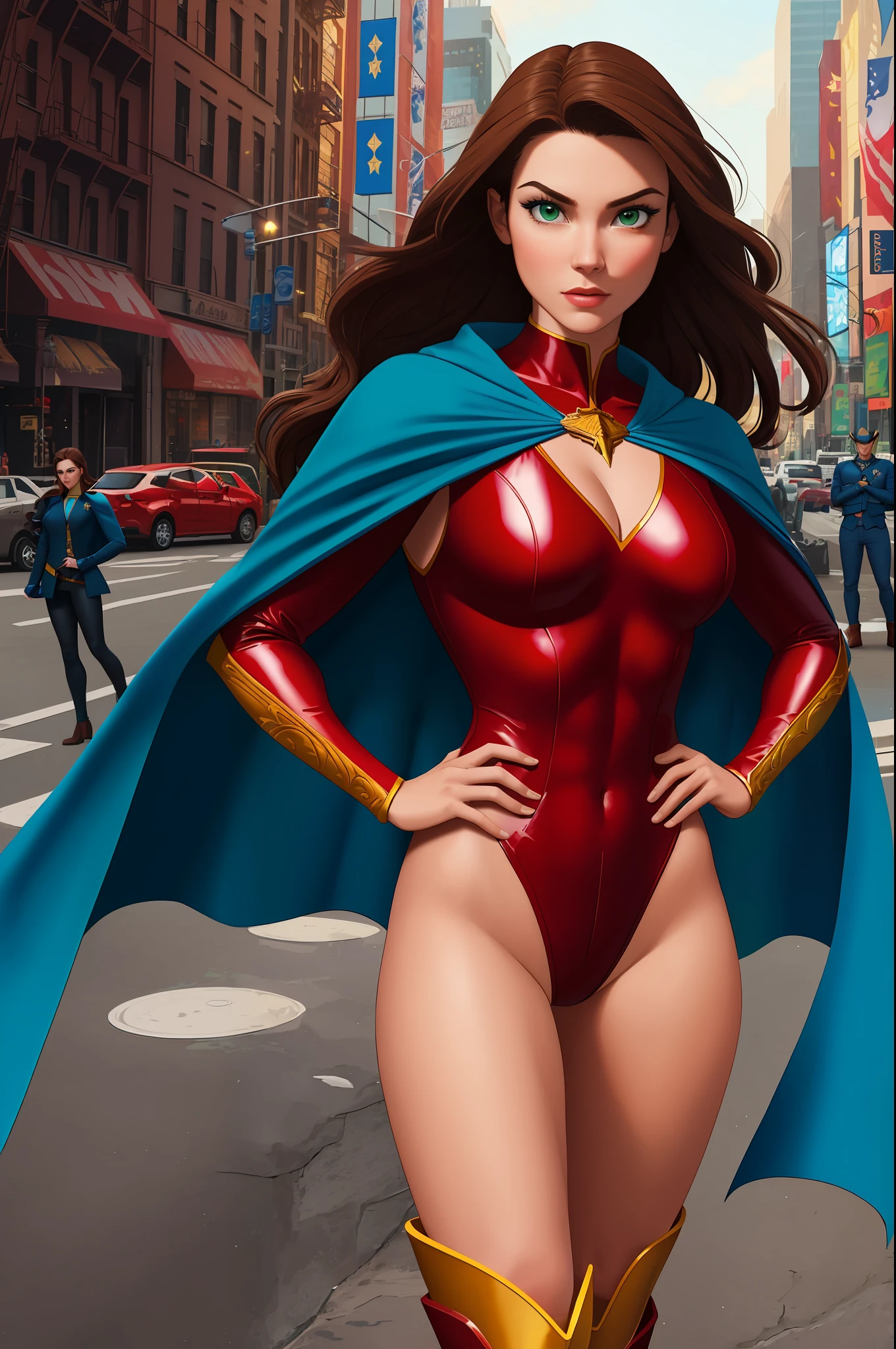 ((best quality)), ((masterpiece)), ((ultra realistic)), (dynamic heroic pose), american, beautiful detailed face, detailed eyes, sexy reporter, dressed in a red leotard, new york city backdrop, highly detailed, professional, bare legs, (full body), hands on hip, standing, brown hair, medium hair, green eyes, matching boots, long sleeves, yellow hawk-shaped crest engraved on chest, blue cape, cowboy shot,