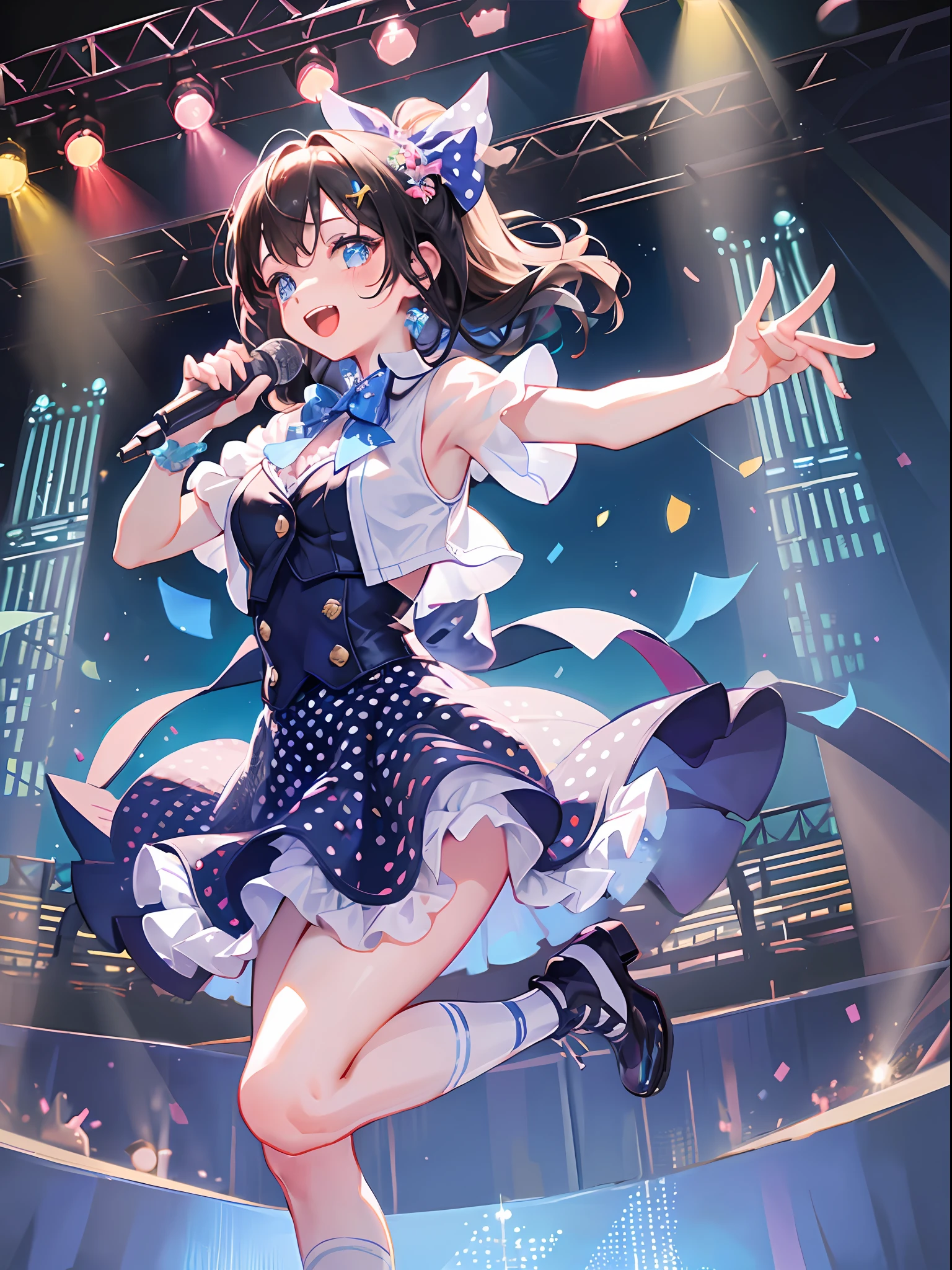 ((fullbody)) happy idol, singing, stage, music notes, musical, lights, lasers, colorful, polka dots dress, big bow, detailed accessoriesm (masterpiece), best quality, expressive eyes, perfect face, kawaii sky blue clothing, vest, mini skirt, water themed style