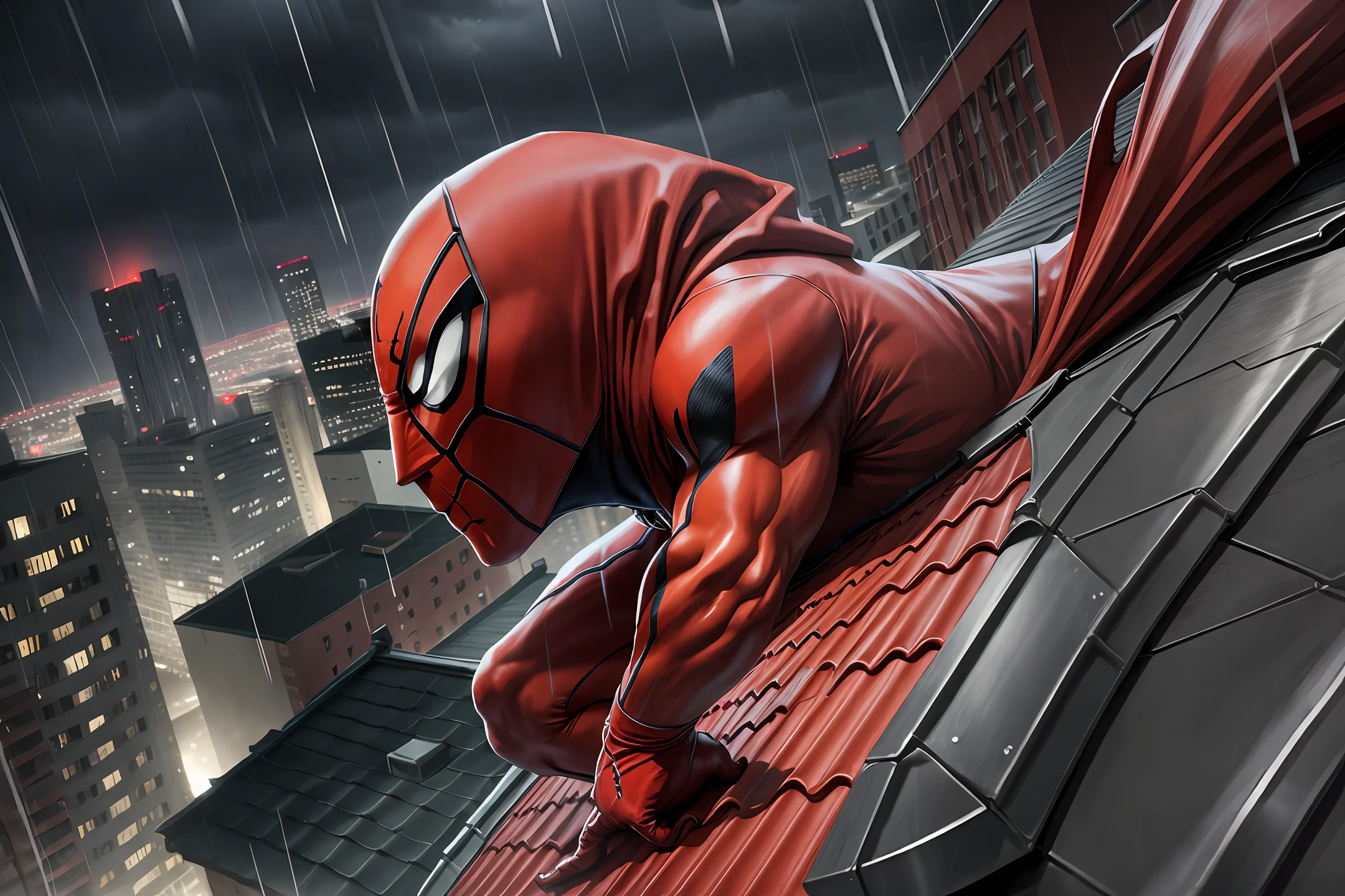 The Scarlet Spider perching on the roof of a building during a rainy and stormy night