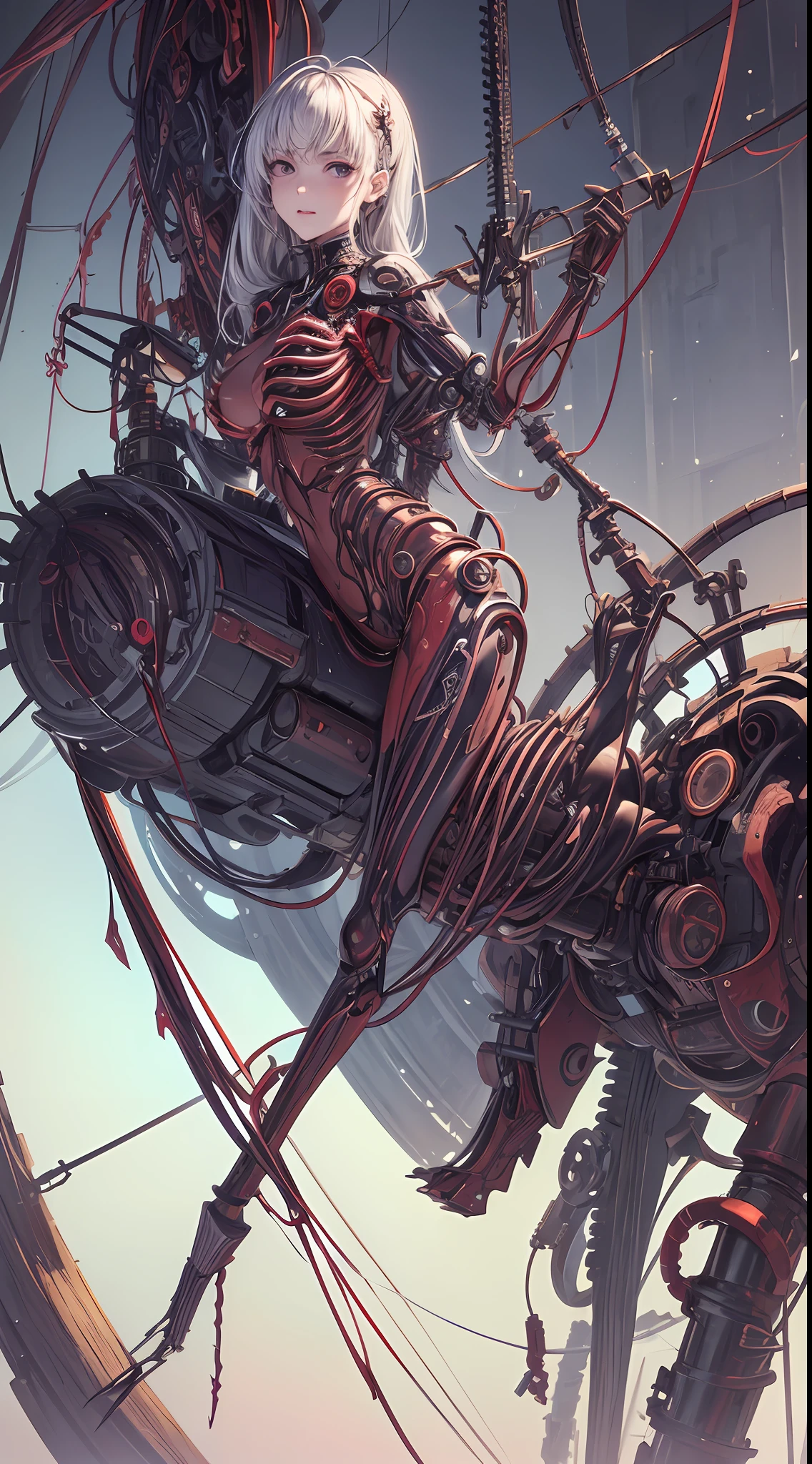 (((Masterpiece))), ((Best Quality)), (Super Detail), (CG Illustration), (Very Evil and Beautiful)), Cinematic Light, ((1 Mechanical Girl)), Single, (Mechanical Art: 1.4), ((Mechanical limb)), (Blood vessel attached to a tube), ((Mechanical spine attached to the back)), ((Mechanical cervical vertebrae attached to the neck), (Back to the viewer)), expressionless, ( Wires and cables attached to the head and body: 1.5), Science Fiction, Apocalypse, Ruins, (Lower Body Integrated with Mechanical Devices), (Blood: 1.5), Cruelty, Absurdity, Eroglotesque, Fusion with Machines, Doomsday Time, Super Future, Inorganic, Laboratory, Restraint, (Beautiful Indulgence: 1.2), (1 Girl: 1.3)