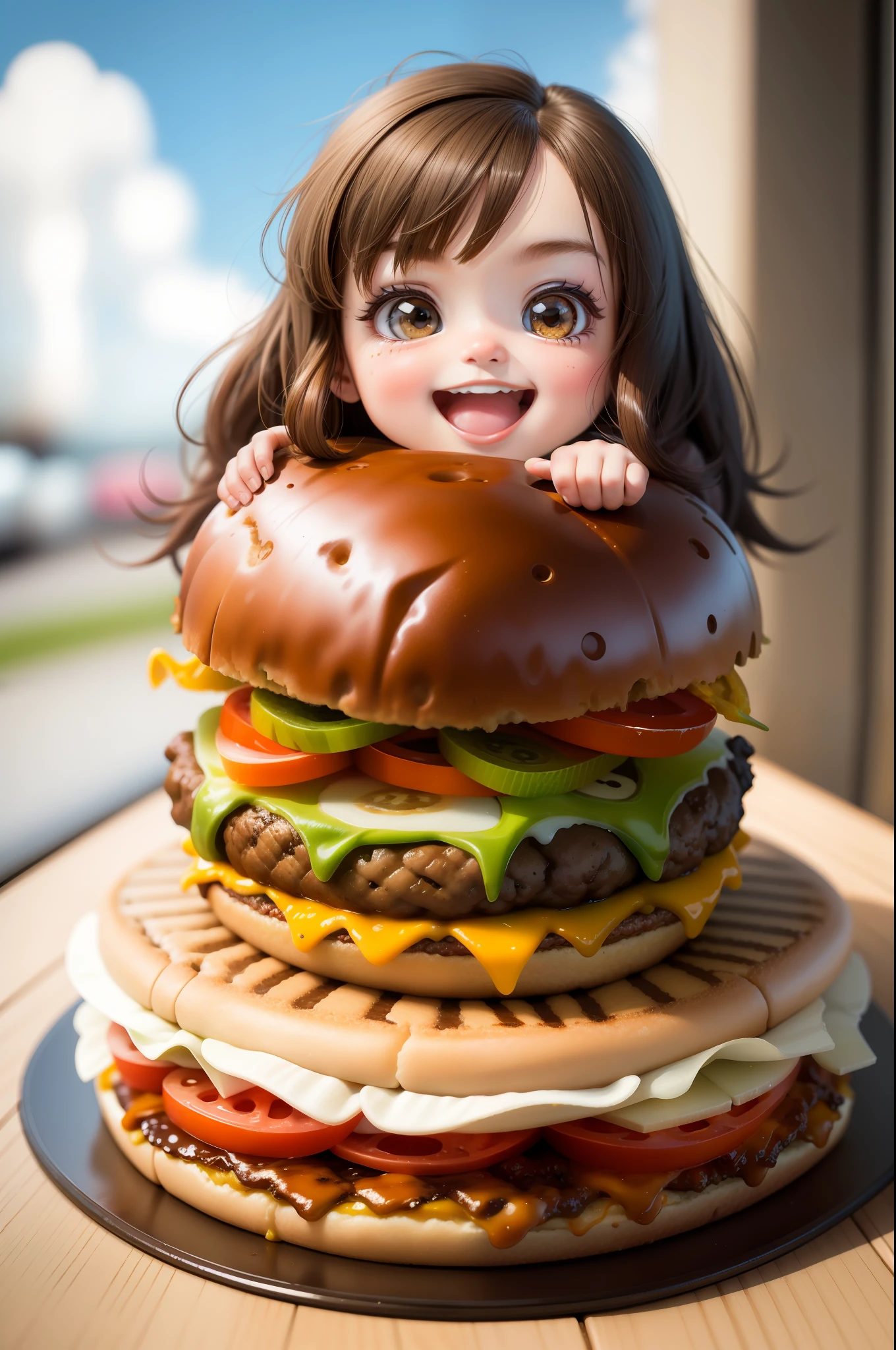 1girl, reels, head, food, hamburger, hamburger steak, fries, soda cup, brunette, masterpiece, best quality, highly detailed chibi, open mouth, (smile, looking at viewer: 1.3), warm color,