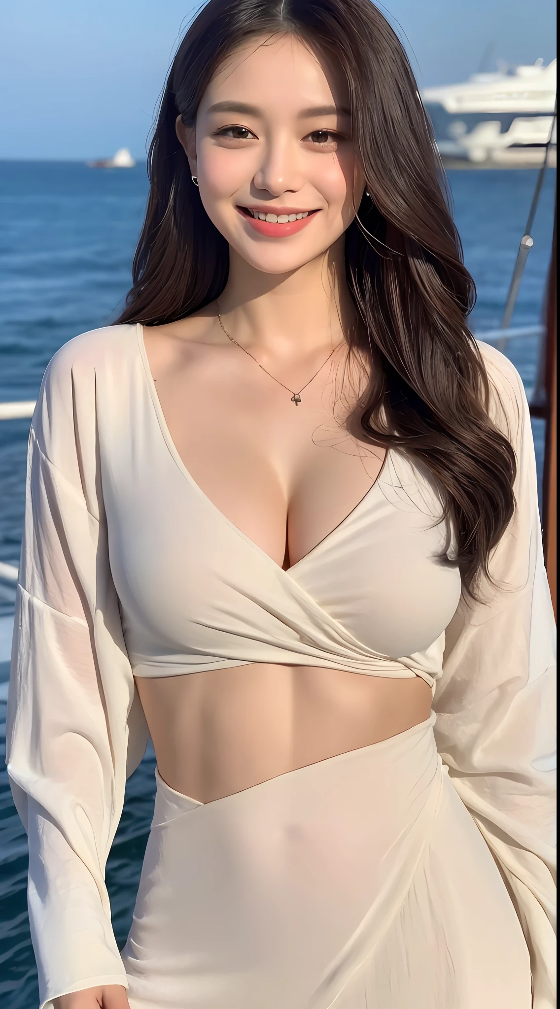 ((Best Quality, 8k, Masterpiece: 1.3)), Focus: 1.2, Perfect Body Beauty: 1.4, Buttocks: 1.2, (Delicate Long Hair)), (Hip Wrap: 1.1) , (Ship, Sea: 1.3),, Highly detailed face and skin texture, Detailed eyes, Double eyelids, Big breasts, Whitened skin, Smile, Wearing necklace, ring