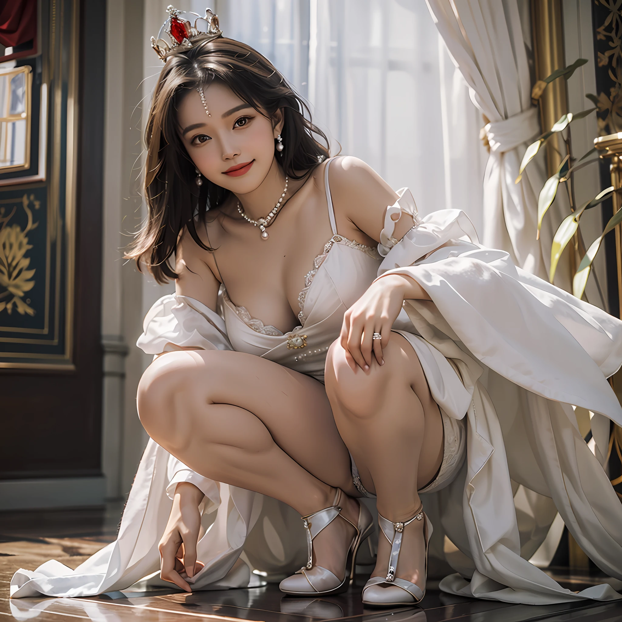 Temperament elegant princess, half squat, smile, pearl jewelry, face crimson, flush, princess crown, light white light evening dress, thin soled pointed toe heels, stilet heels, big breasts, white skin, 8k