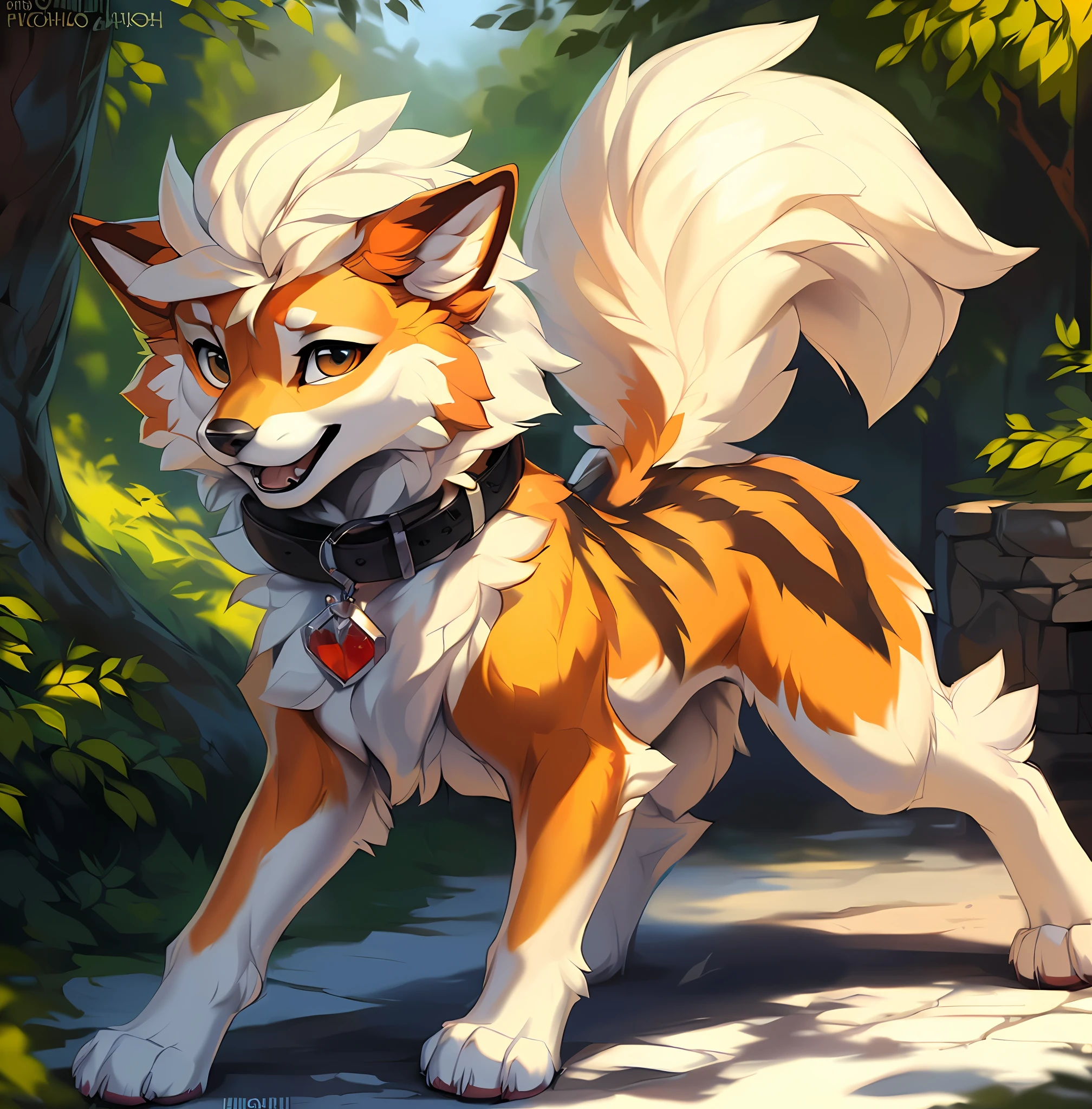 (feral) female arcanine is blushing and panting from pleasure with a collar that is walking and looking from behind and looking at the viewer POV that is holding a leash and looking at her huge canine that is dripping wet in heat with her tail raised, (hyper canine, hyper_pussy +masterpiece, best quality, presenting hindquarters, by hioshiru, snowskau, foxovh. impasto impressionism, by Michael & Inessa Garmash, Ruan Jia, Pino Daeni, detailed background,