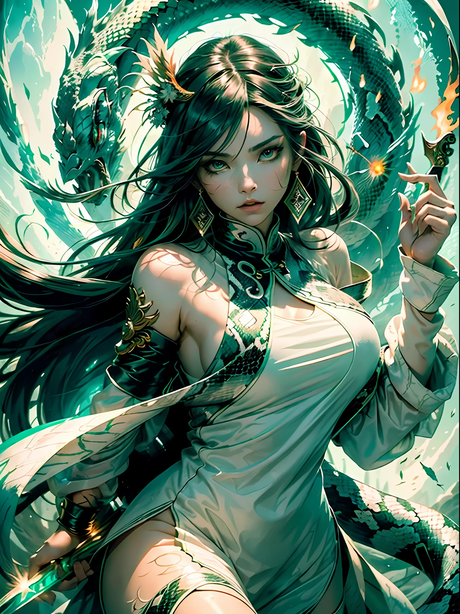 (masterpiece, best quality) Flowing ink painting style, Snake Clan Girl, ultra-clear face close-up,  Magnificent epic scene, clear eyebrows and eyes, phoenix  eye, flying hair, fair skin, Dark green emerald, wearing white clothes, POV view, flowing sleeves, Fluorescent green, dynamic fire in background, blank-leaving, huge Chineseblade attacking the viewer