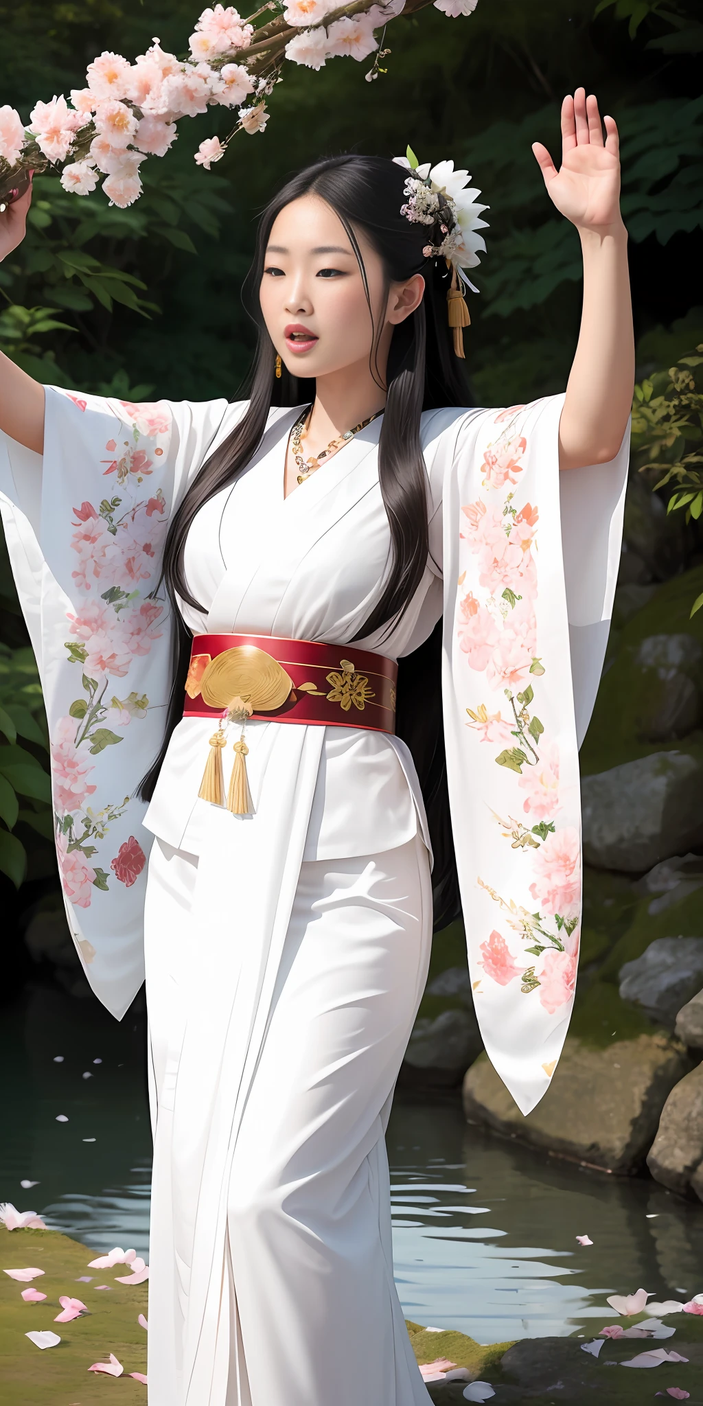 "((high quality image)), perfectly detailed and photorealistic with 8k resolution, fottorealistic, hyperrealistic, depicting a beautiful Shinto priestess (Miko), flowing black hair, fleshy lips. She wears a white priestly kimono, and necklaces of protection against evil. She is standing on a hill with a vast flowering field, head held high, and with her arms raised singing a song (open mouth) to nature, and flower petals fly through the air and around her ((super detailed epic quality))