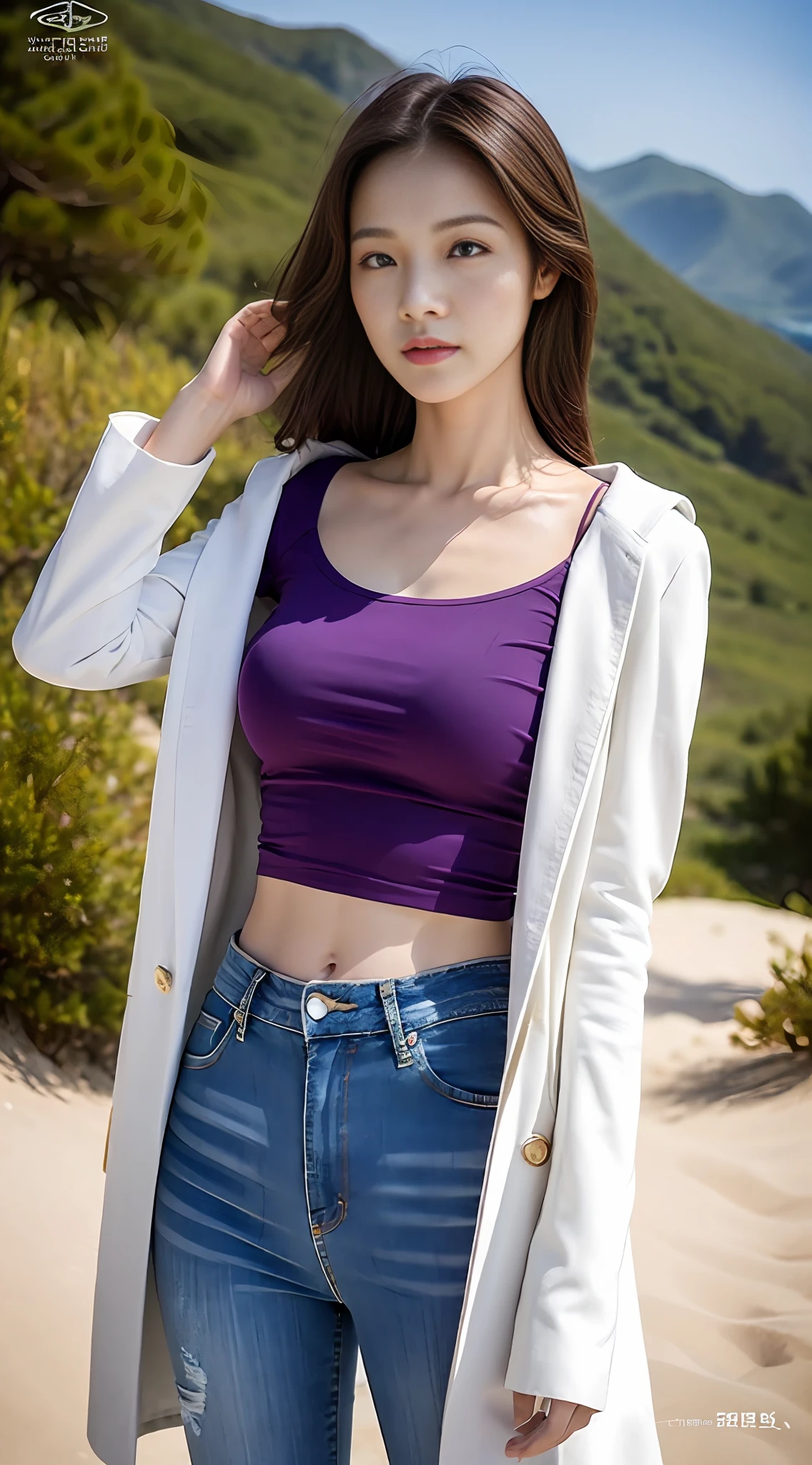 Korean woman, (masterpiece, beautiful people, natural demeanor), virtual youtube, standing on a mountain peak, looking into the distance, purple t-shirt, white sand coat, jeans, detailed skin texture, detailed cloth texture, exquisite and detailed face, masterpiece, collarbone, slim waist, slim body.
