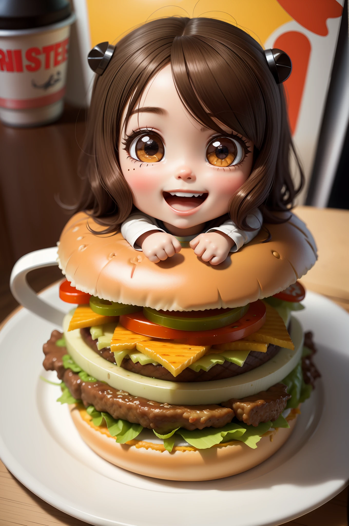 1girl, reels, head, food, hamburger, hamburger steak, fries, soda cup, brunette, masterpiece, best quality, highly detailed chibi, open mouth, (smile, looking at viewer: 1.3), warm color,