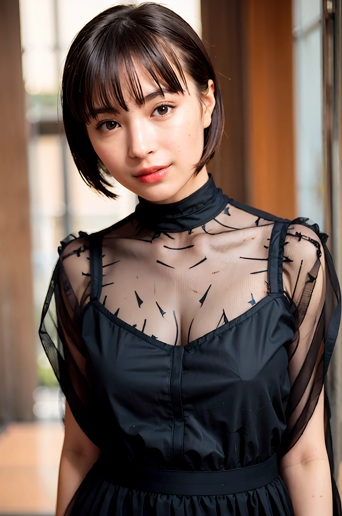 Woman posing for photo, (wearing a tight dress with deep V-neck), (hime_cut_hairstyle:1.3), skillful hands, 4k, high resolution, masterpiece, top quality, head: 1.3, (((Hasselblad photo)), fine skin, sharp focus, (cinematic lighting), night, soft lighting, dynamic angles, [:( detailed face: 1.2):0. 2], (((5 star hotel))),