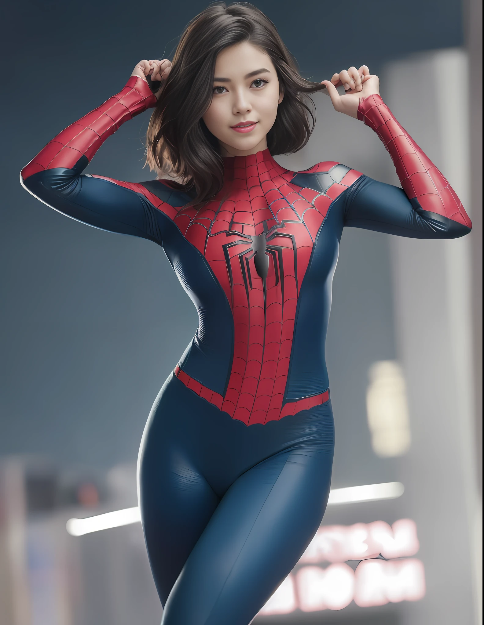 (64K, UHD, Best Quality, Masterpiece: 1.2), (Realistic, Photorealistic: 1.37), Super Detailed, Girl 1 Person, Cute, Solo, Beautiful Detailed Sky, Detailed Ballpark, Night, Full Length View, Standing, 23 years old, Height 167cm, Weight 55kg, Bust 85cm, F Cup, Waist 56cm, Hips 80cm, (Blushing nose), (Smile: 1.15), (Closed mouth), Big, Beautiful fine eyes, night, body fit spider-man costume, rain, (short hair: 1.2), floating hair NovaFrogStyle,