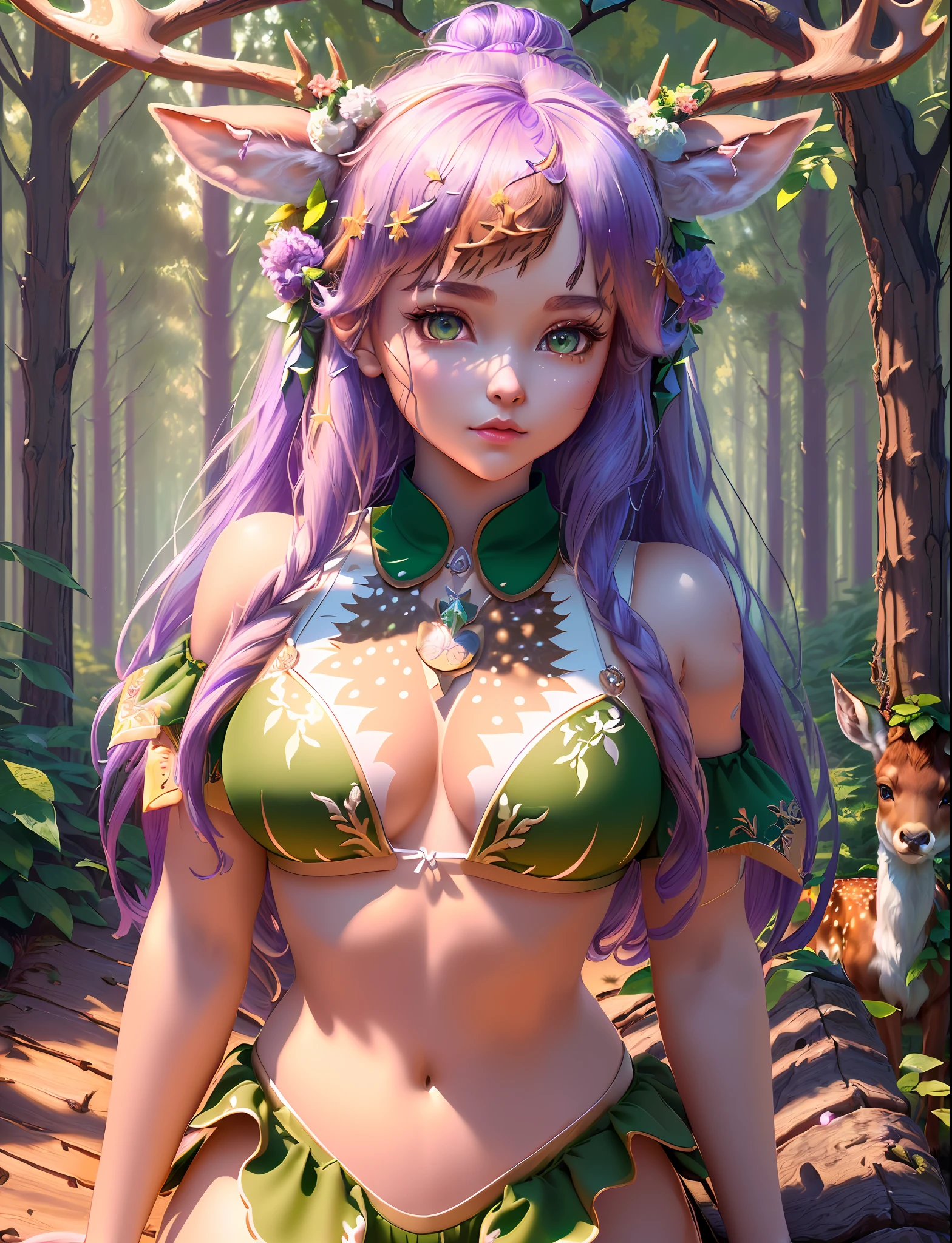 Highly detailed, high quality, extremely detailed CG, 8k wallpapers, ((((masterpiece))), ((super detailed)), ((illustration)), deer, girl, (half-human deer), (half-deer man),
(A demon-deer with a girl's head and chest and a deer body)), white bikini, forest, purple hair, green eyes