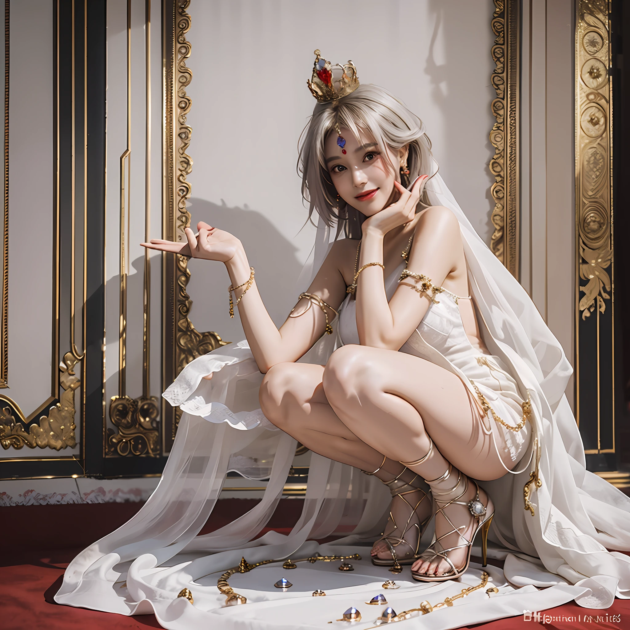 Temperament elegant goddess, half squat, smile, gemstone jewelry, face crimson, flush, princess crown, light white light evening dress, thin soled pointed toe heels, stiletto heels, big breasts, white skin, 8k